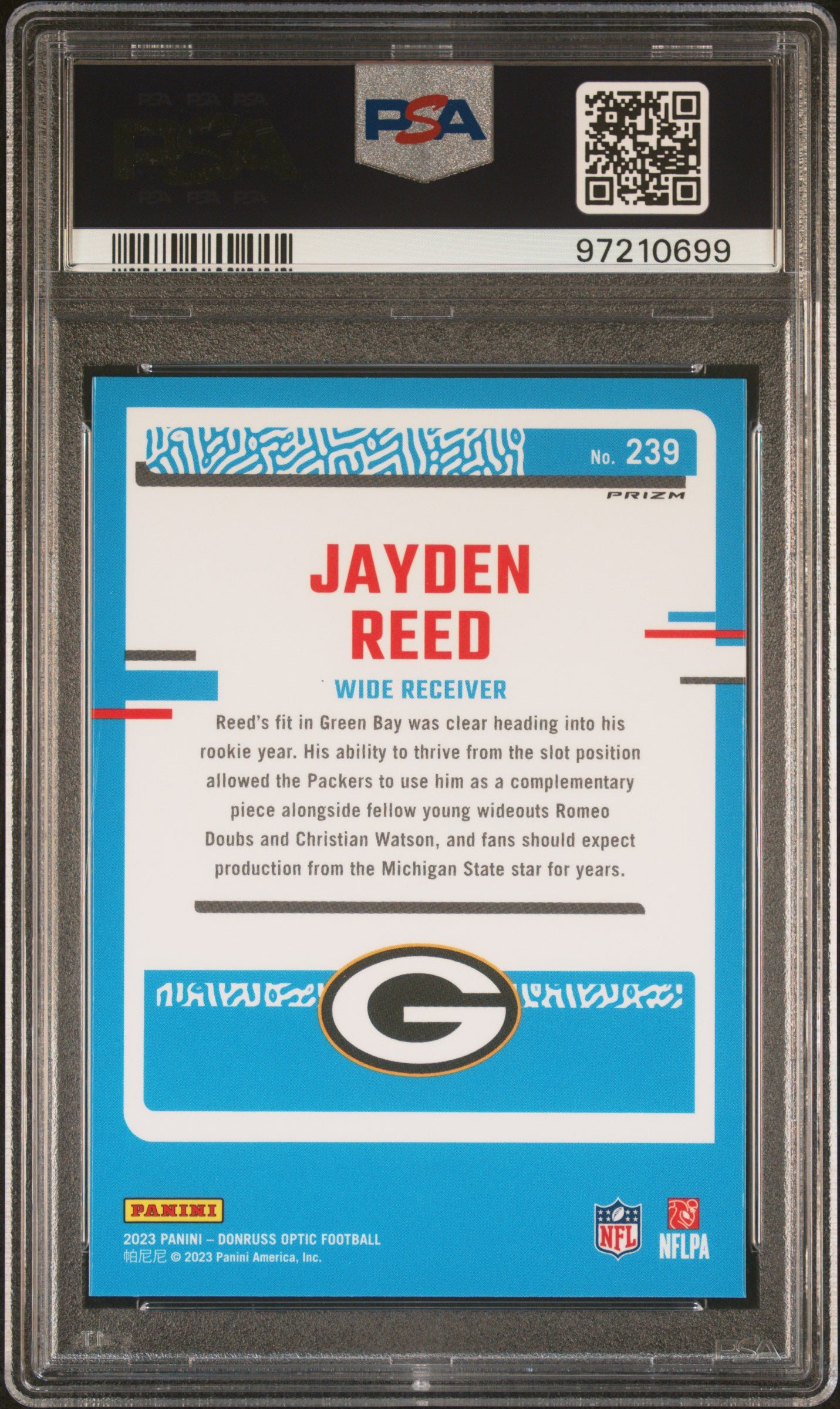Graded 2023 Panini Donruss Optic Jayden Reed #239 Green Velocity Rookie RC Football Card PSA 10 Gem Mint