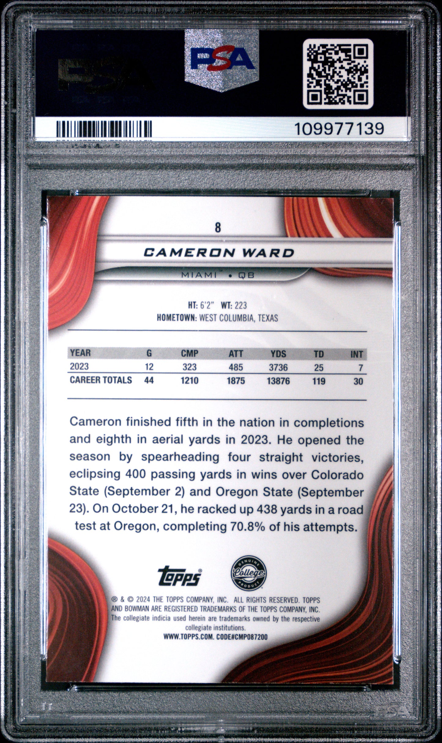 Graded 2024 Topps Bowman Best University Cam Ward #8 Rookie RC Football Card PSA 9 Mint