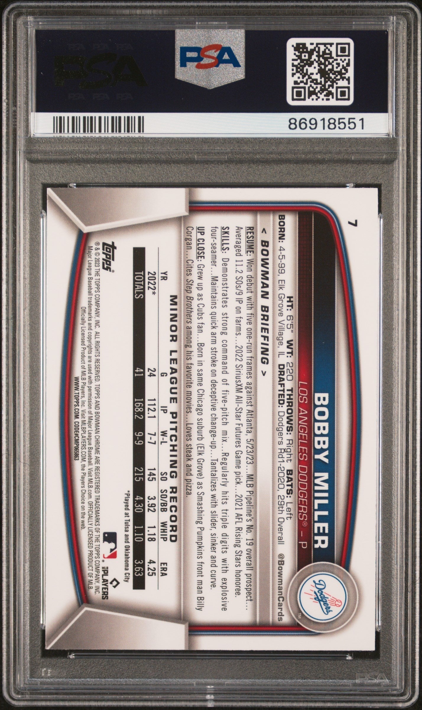 Graded 2023 Topps Bowman Chrome Bobby Miller #7 Rookie RC Baseball Card PSA 10 Gem Mint