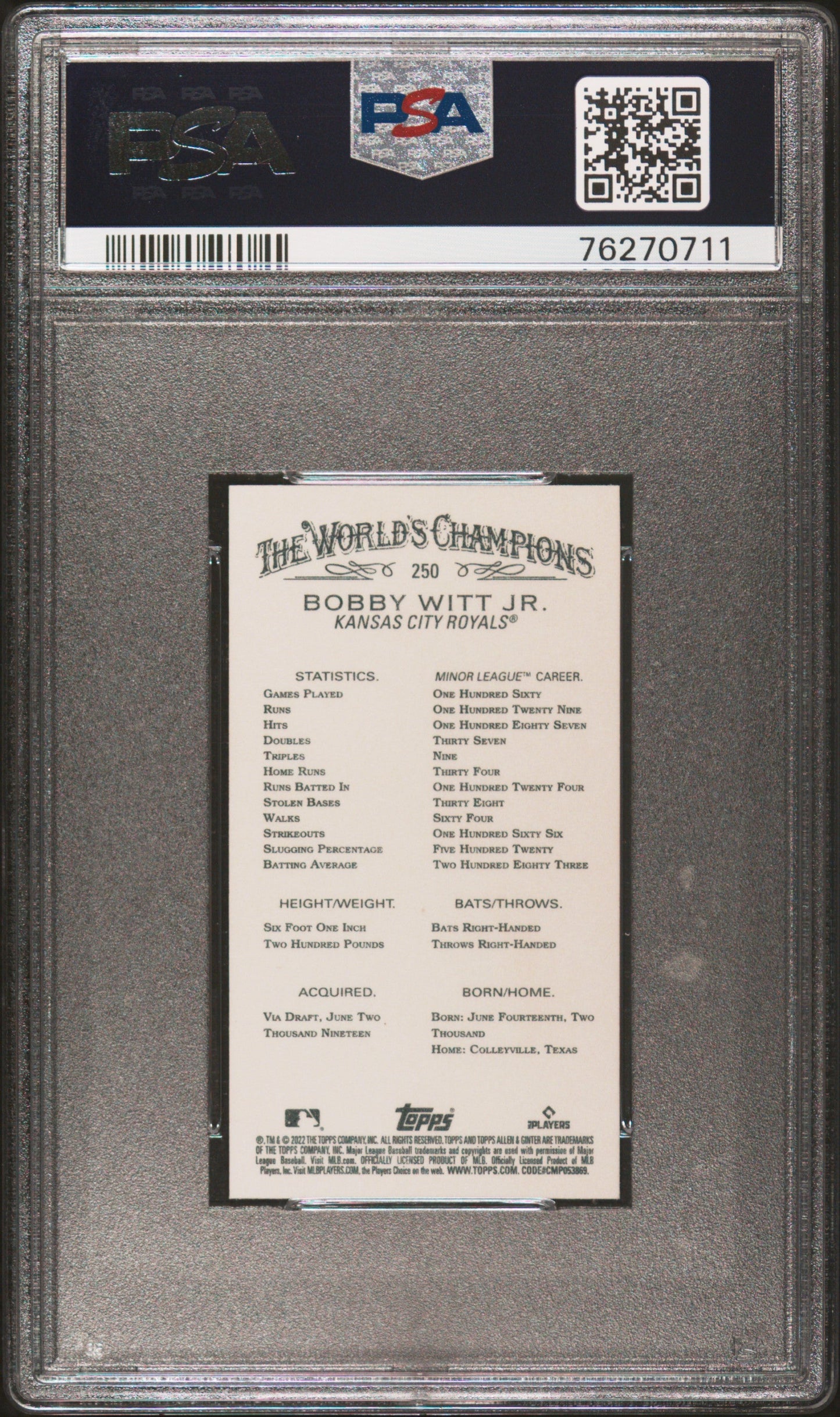 Graded 2022 Topps Allen & Ginter X Bobby Witt Jr. #250 Mini Rookie RC Baseball Card PSA 10 Gem Mint