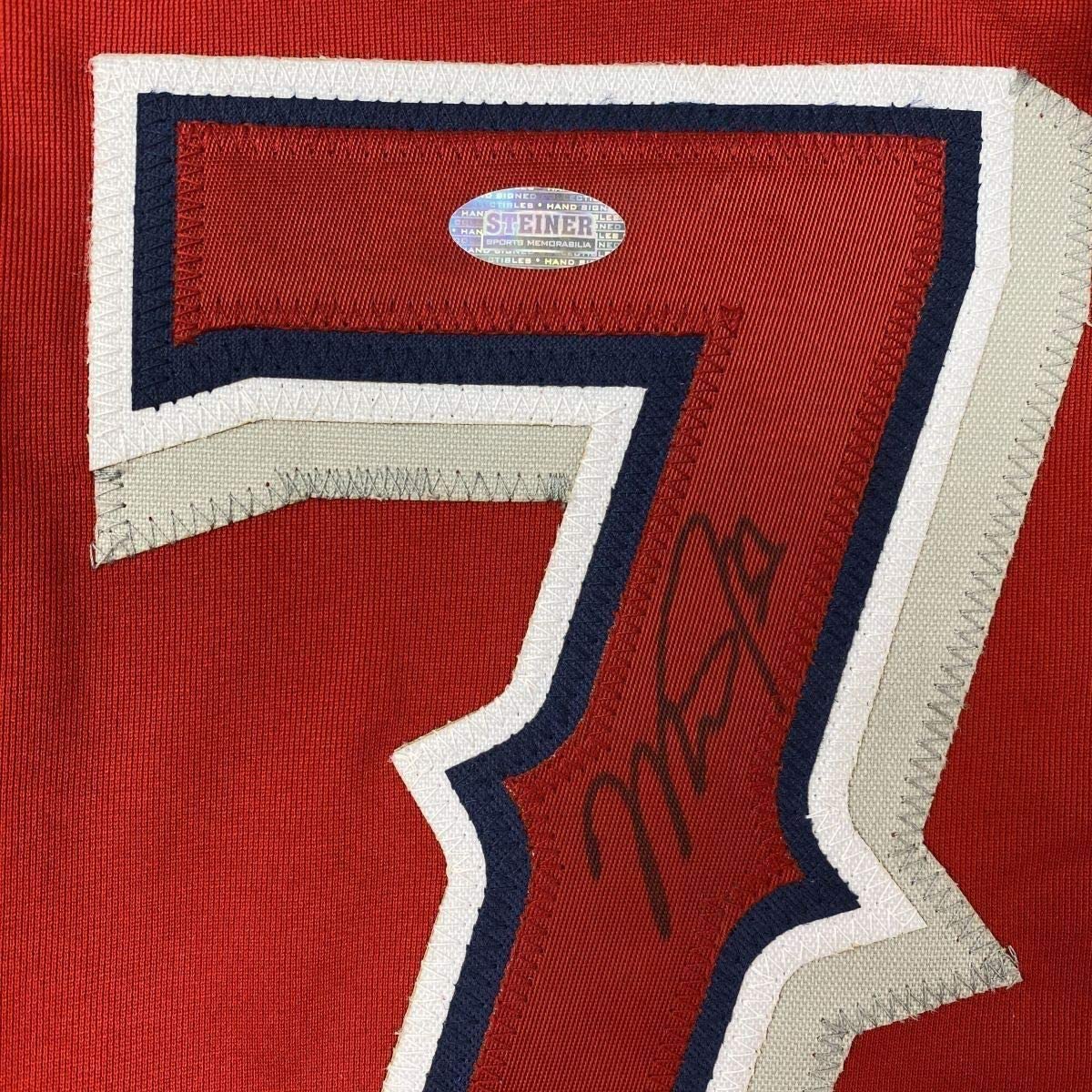 Framed Autographed/Signed Mike Trout 33x42 Los Angeles Red Baseball Jersey Steiner Sports COA Hologram Only