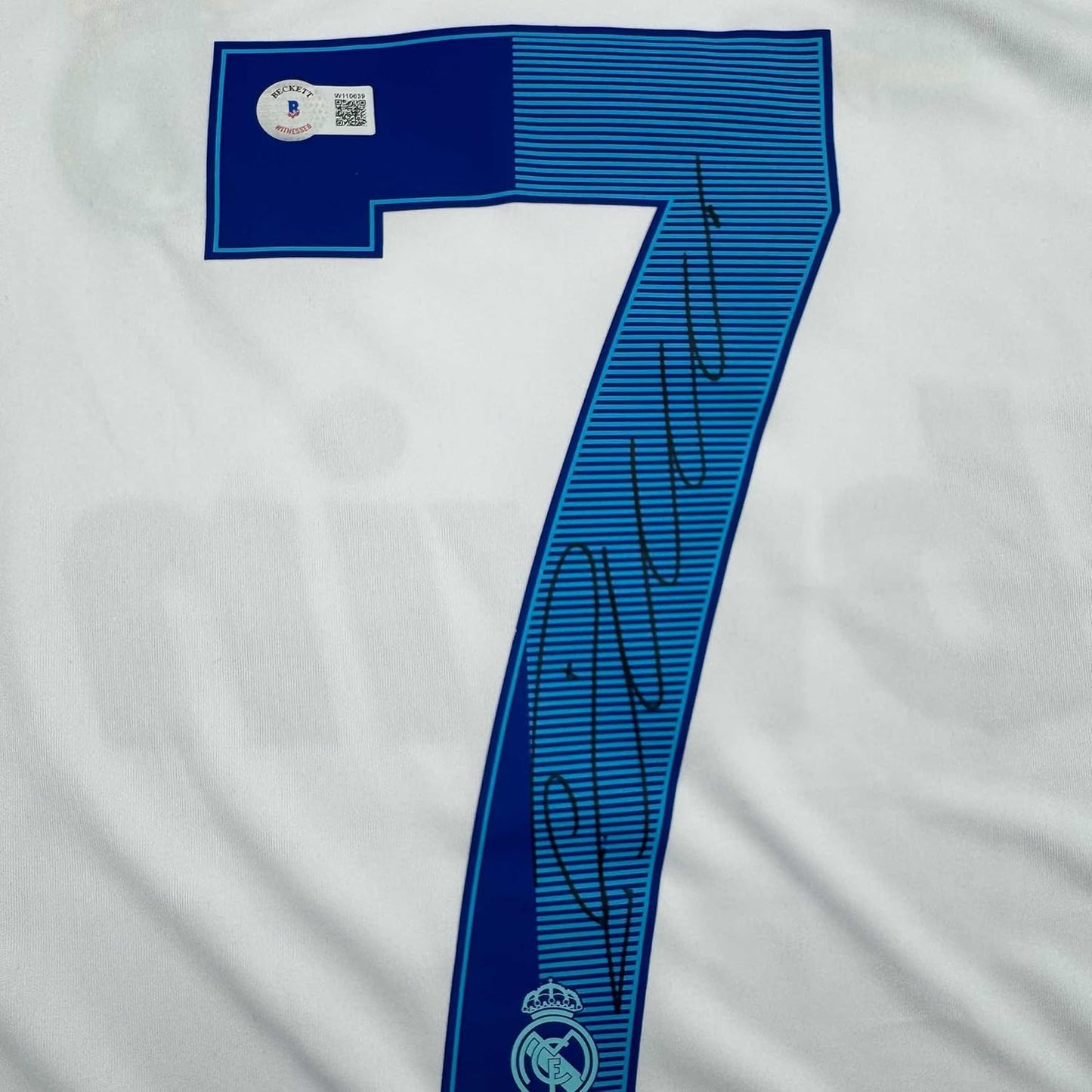 Framed Autographed/Signed Cristiano Ronaldo 35x39 Real Madrid White Soccer Jersey Beckett BAS COA