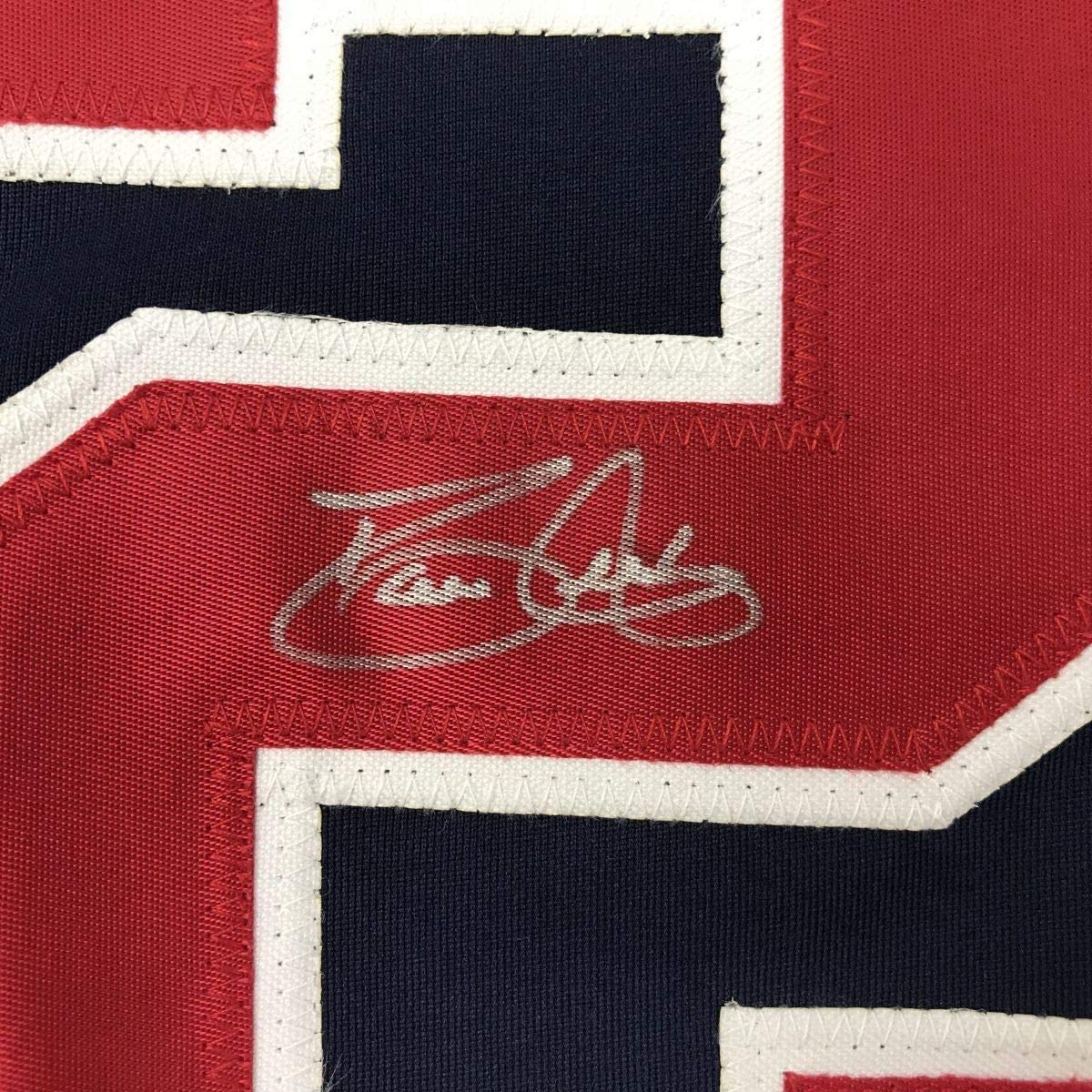 Framed Autographed/Signed David Justice 33x42 Atlanta Blue Baseball Jersey JSA COA