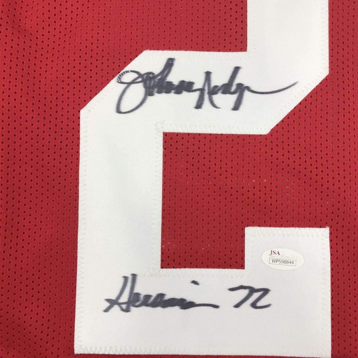 Framed Autographed/Signed Johnny Rodgers Heisman 72 33x42 Nebraska Cornhuskers Red Football Jersey JSA COA