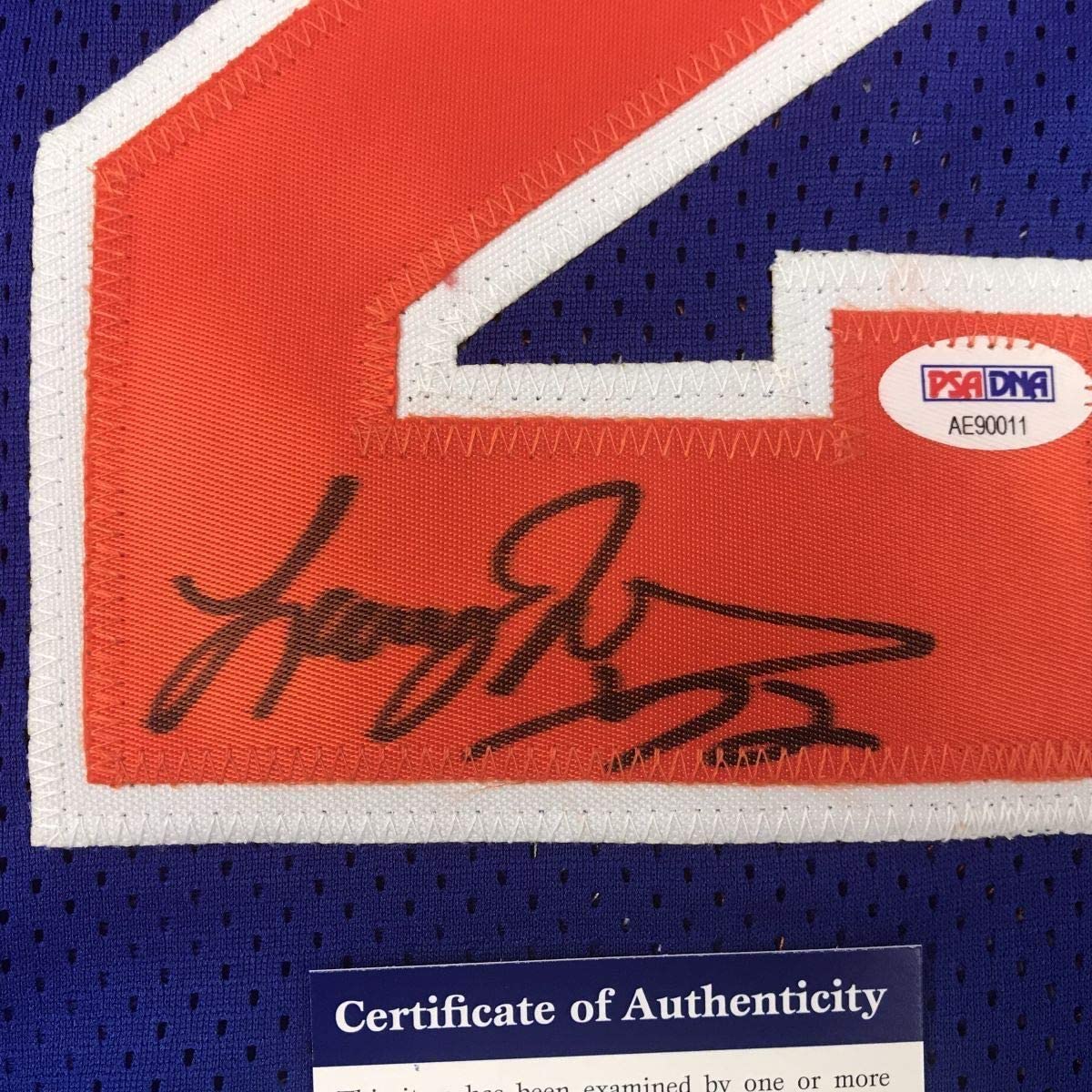 Framed Autographed/Signed Larry Johnson 33x42 New York Blue Basketball Jersey PSA/DNA COA