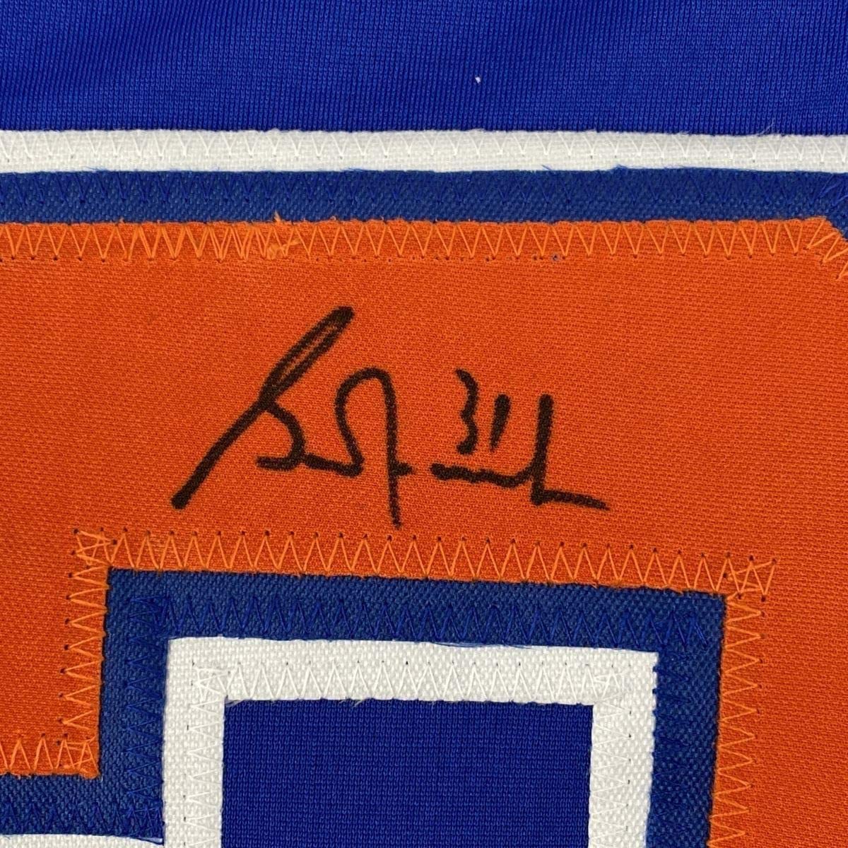 Framed Autographed/Signed Grant Fuhr 33x42 Edmonton Blue Hockey Jersey Beckett BAS COA