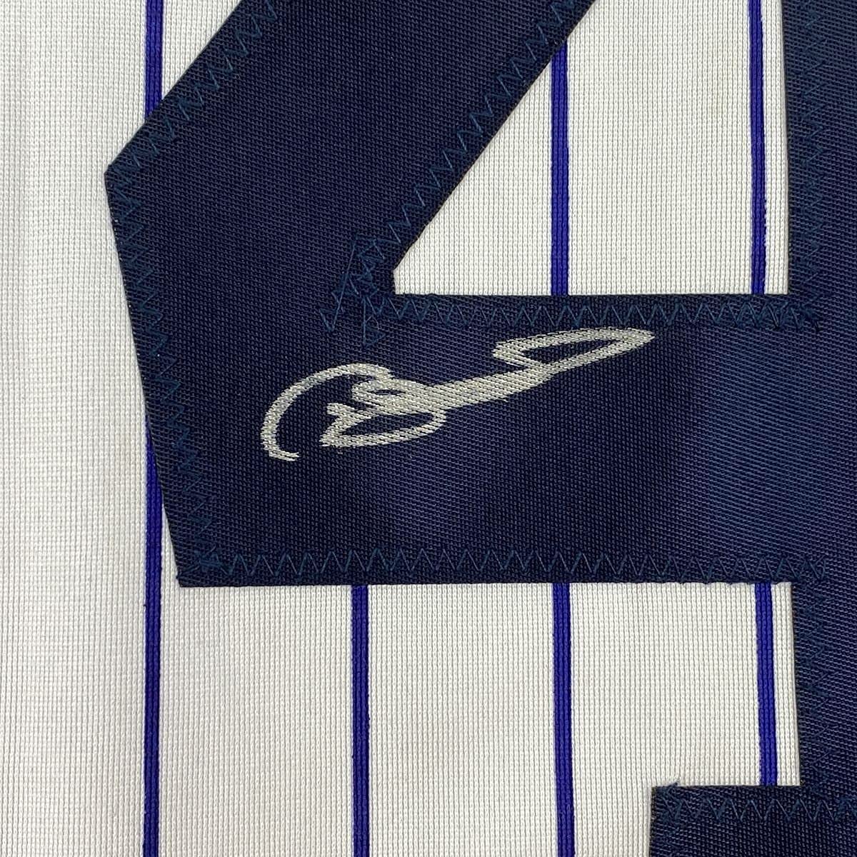Framed Autographed/Signed Gary Sanchez 33x42 New York Pinstripe Baseball Jersey JSA COA