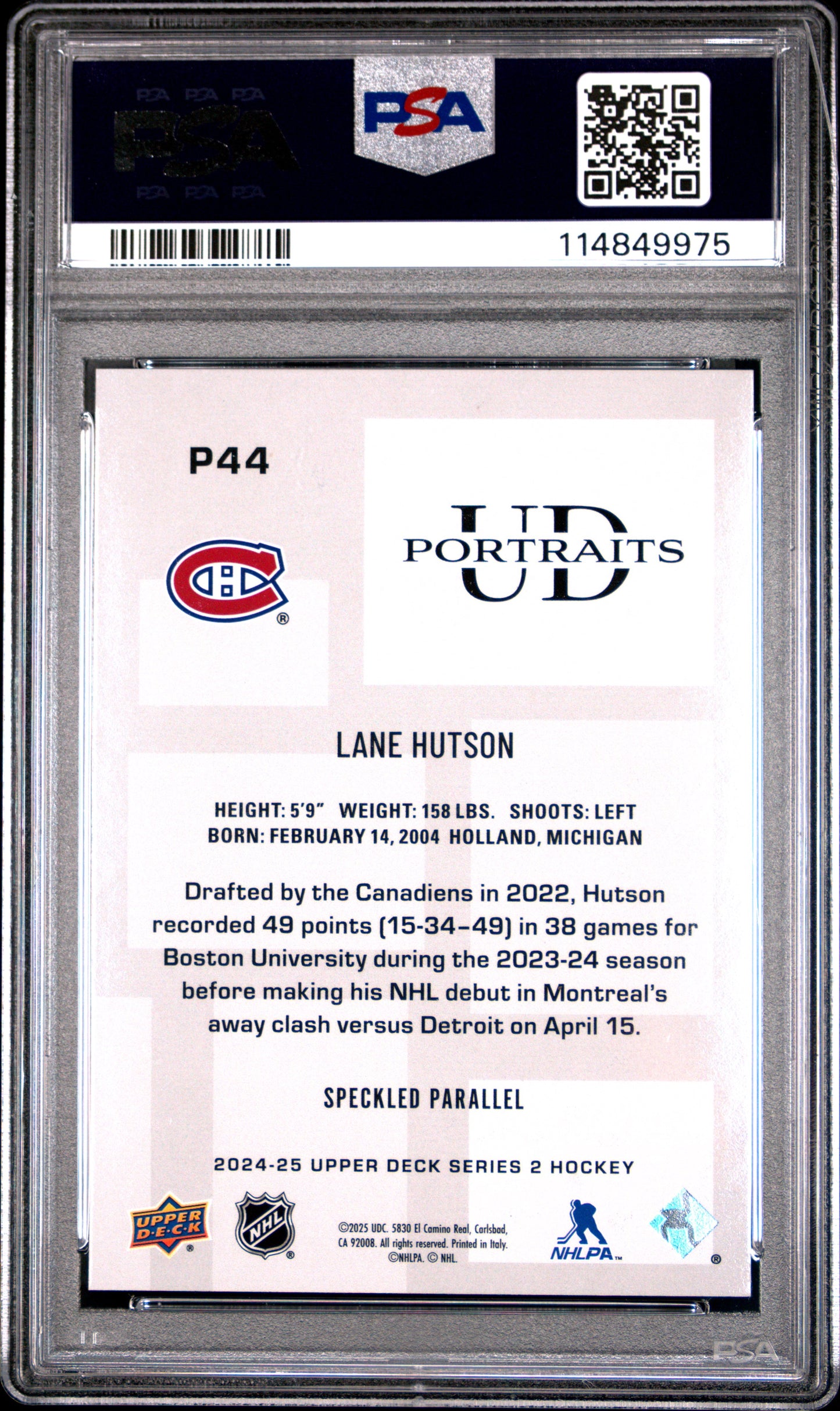 Graded 2024 Upper Deck Lane Hutson #P44 UD Portraits Speckle Rookie RC Hockey Card PSA 10 Gem Mint