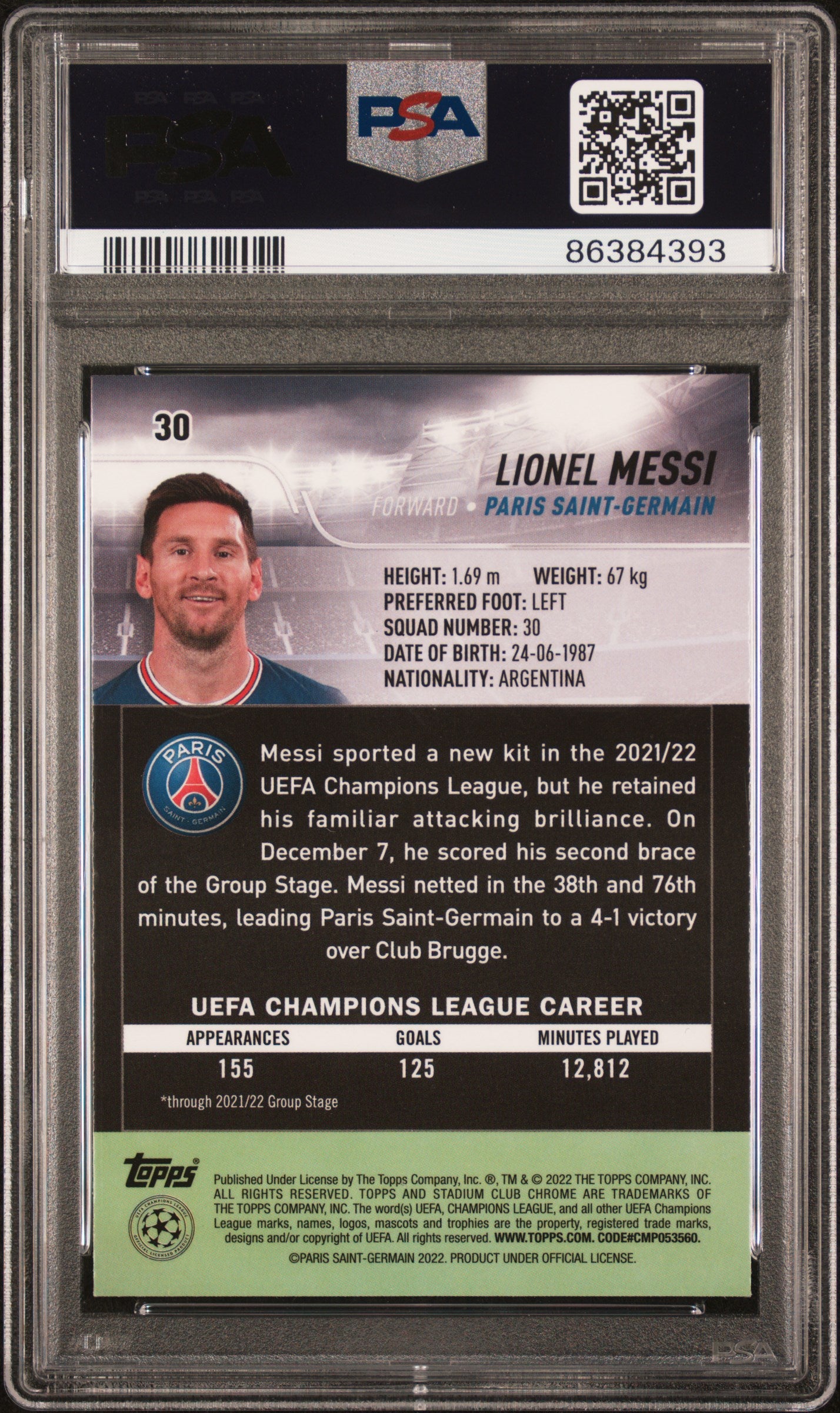 Graded 2021-22 Topps Stadium Club Chrome UCL Lionel Messi #30 Champions League Soccer Card PSA 10 Gem Mint