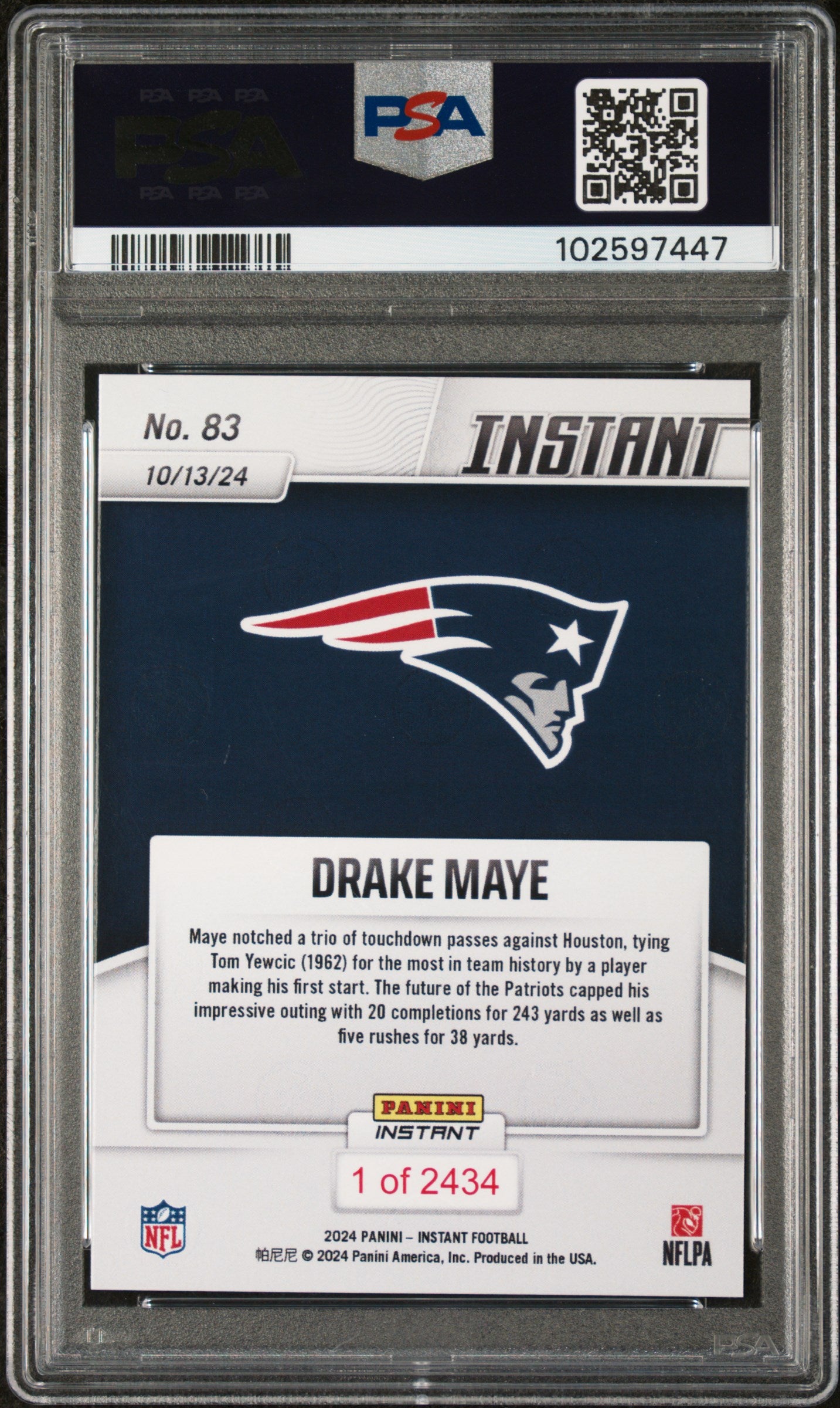 Graded 2024 Panini Instant NFL Drake Maye #83 Rookie RC Football Card PSA 9 Mint