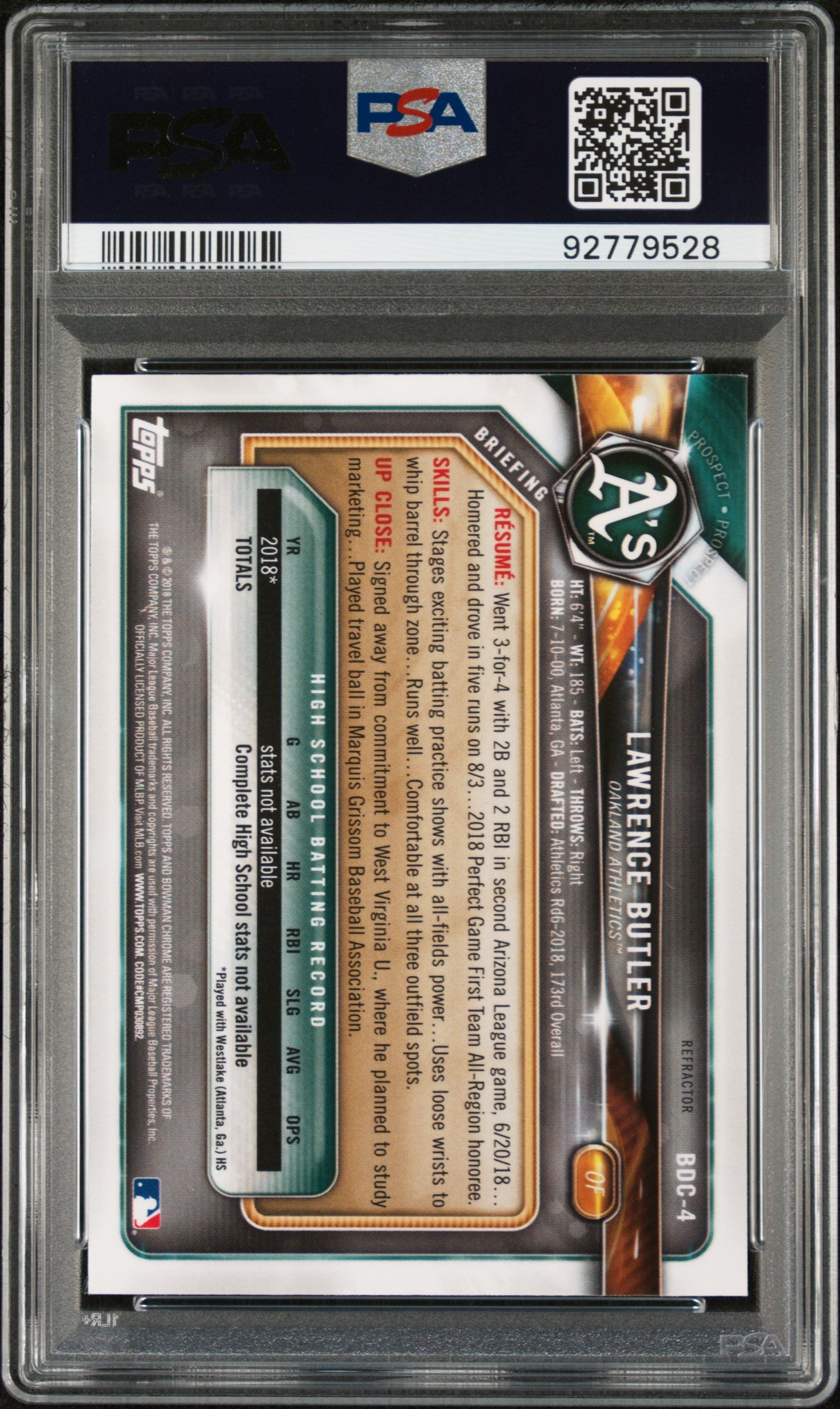Graded 2018 Topps Bowman Draft Lawrence Butler #BDC4 Chrome Refractor Rookie RC Baseball Card PSA 10 Gem Mint
