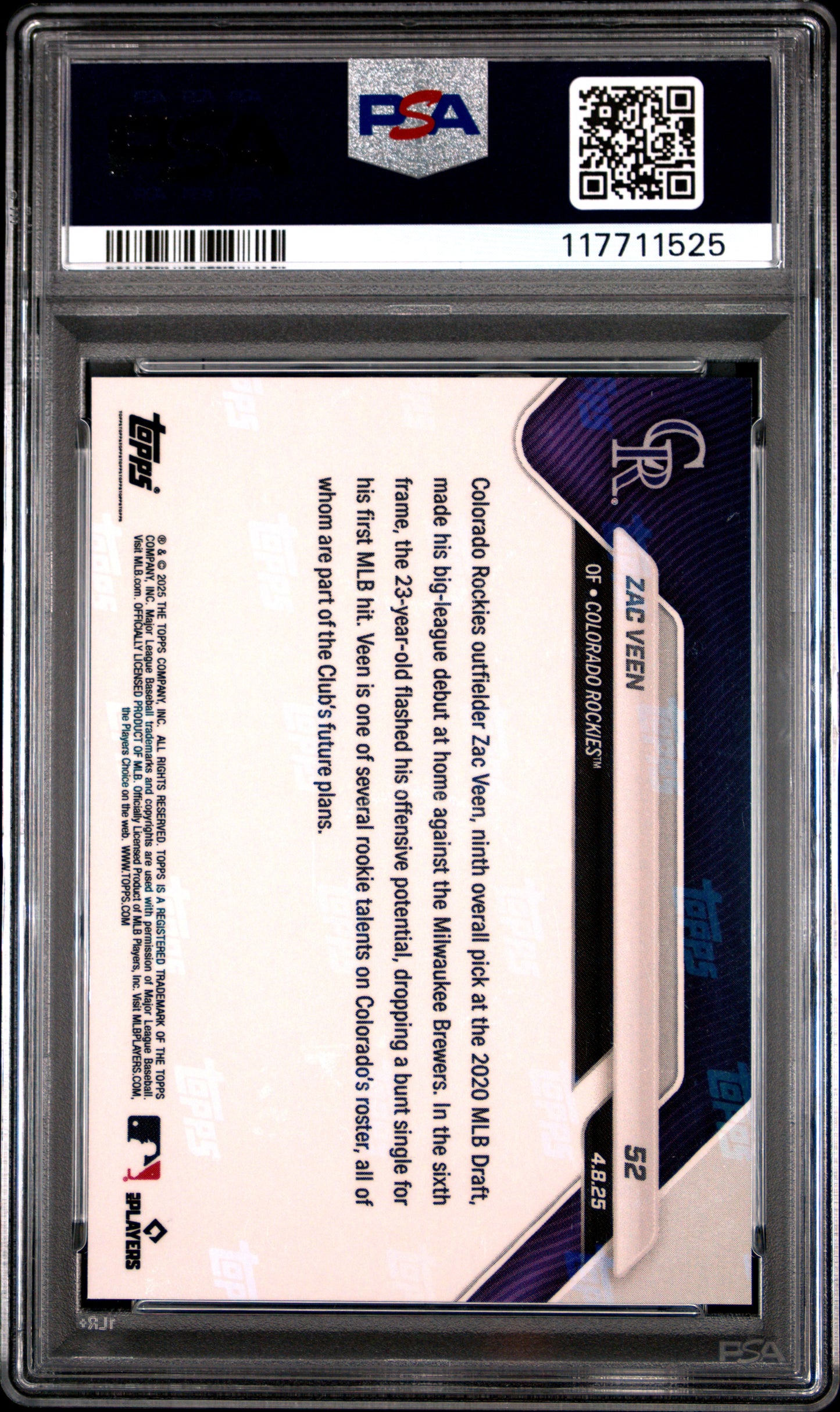 Graded 2025 Topps Now Zac Veen #52 Gold Foil /50 Rookie RC Baseball Card PSA 10 Gem Mint
