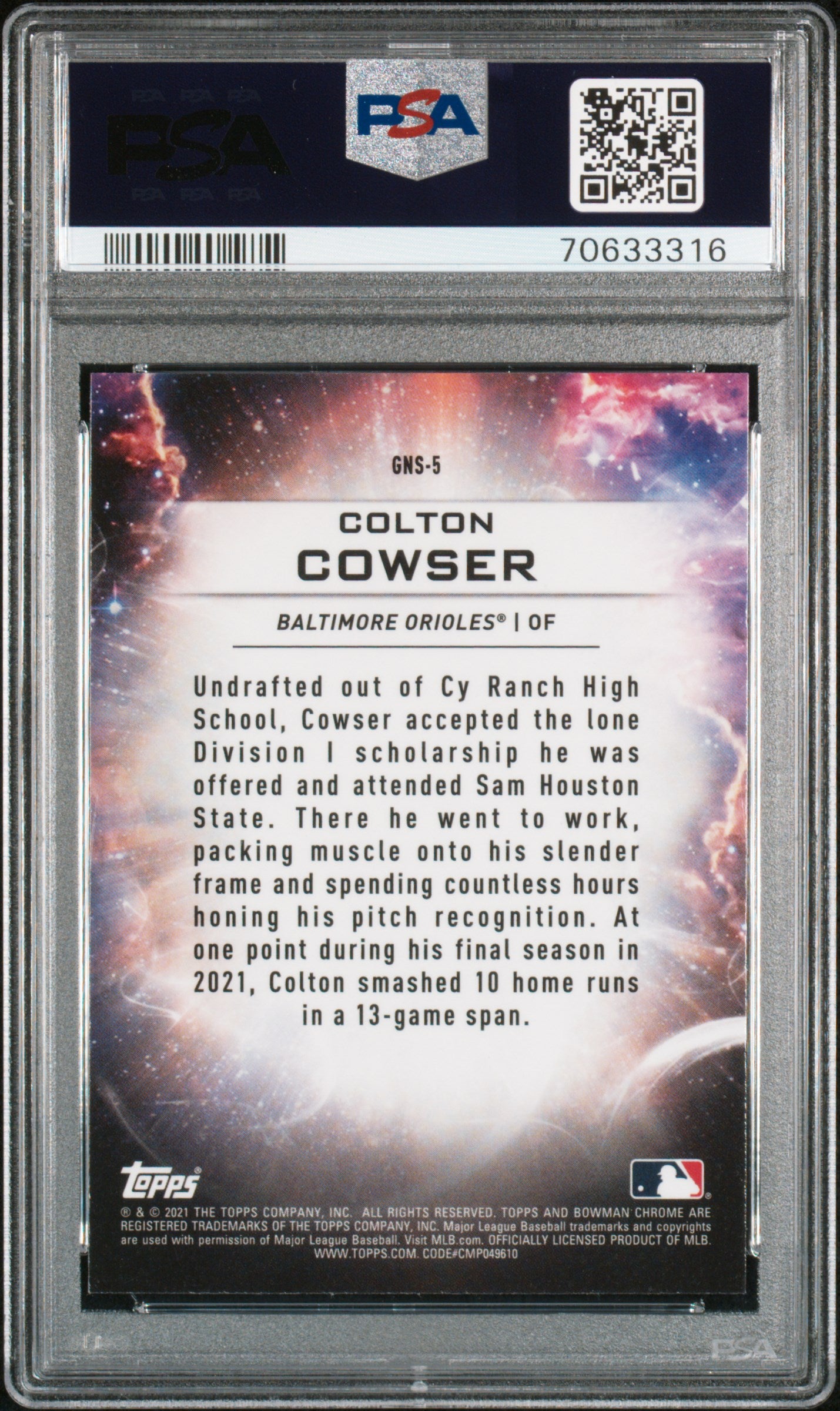 Graded 2021 Topps Bowman Draft Colton Cowser #GNS5 Genesis Rookie RC Baseball Card PSA 10 Gem Mint