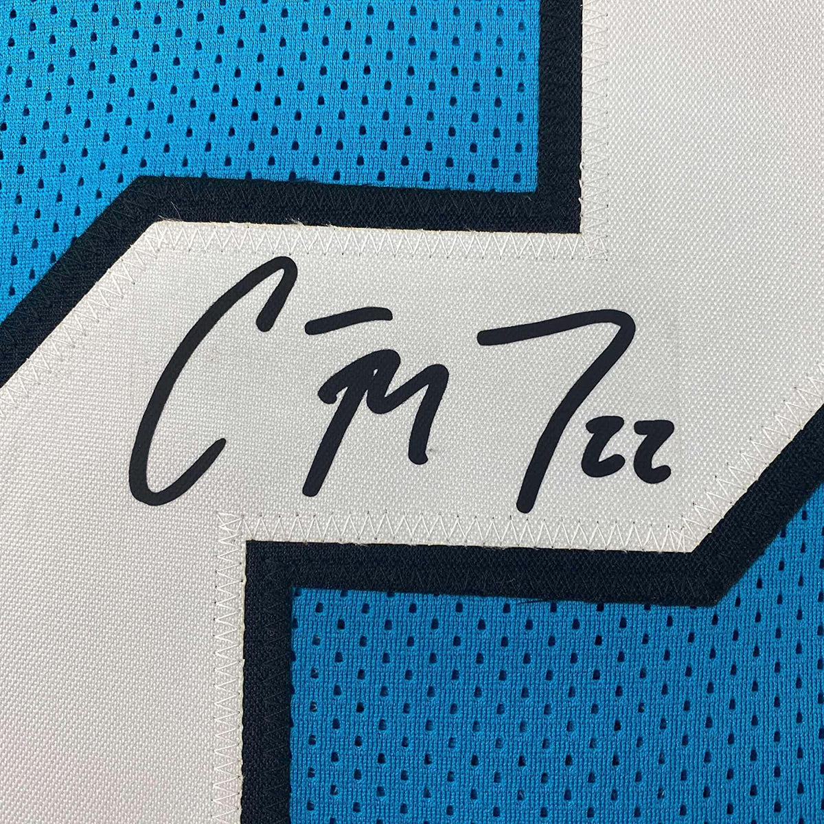 Framed Facsimile Autographed Christian McCaffrey 35x39 Carolina Blue Reprint Laser Auto Football Jersey Size Men's XL