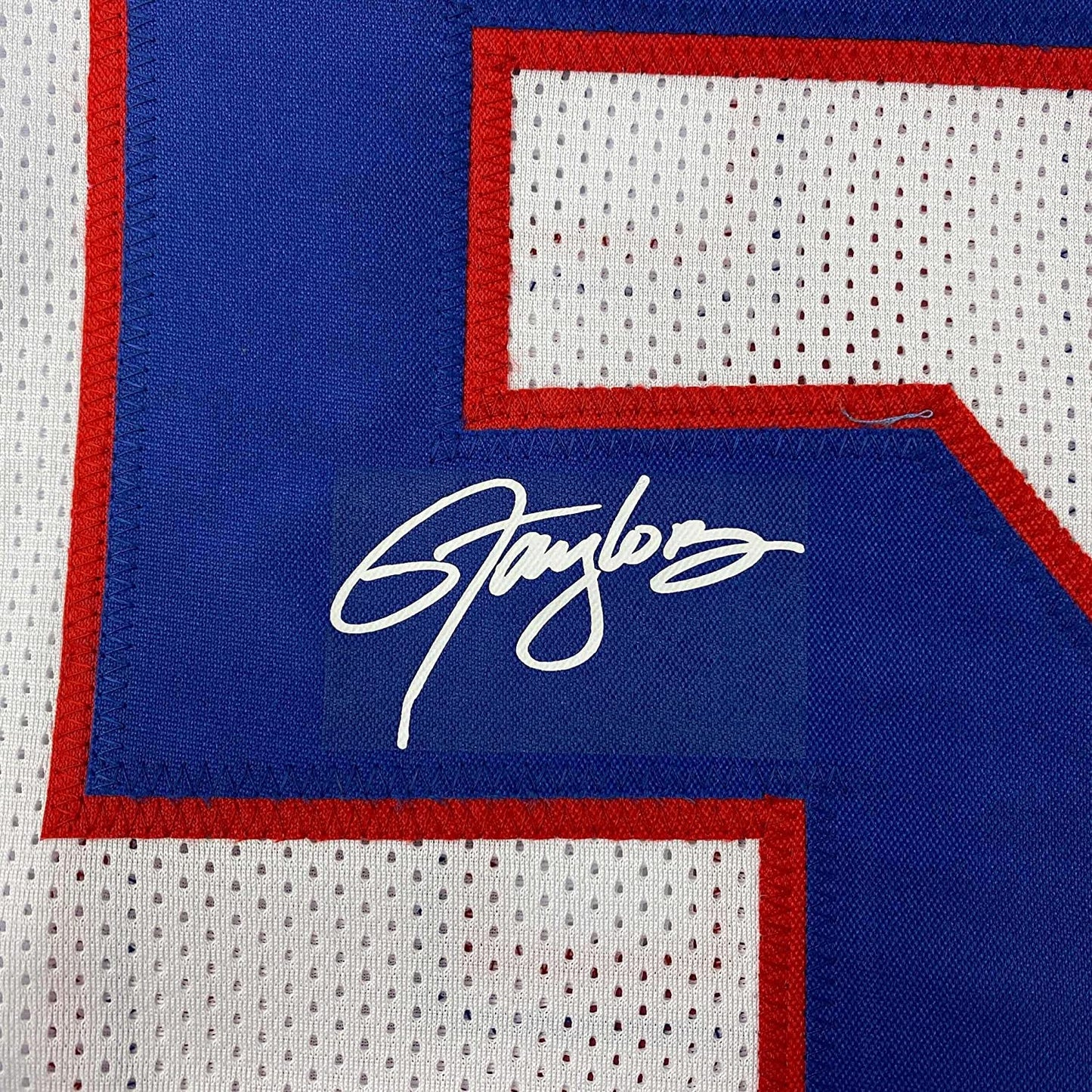 Framed Facsimile Autographed Lawrence Taylor 35x39 New York White Reprint Laser Auto Football Jersey