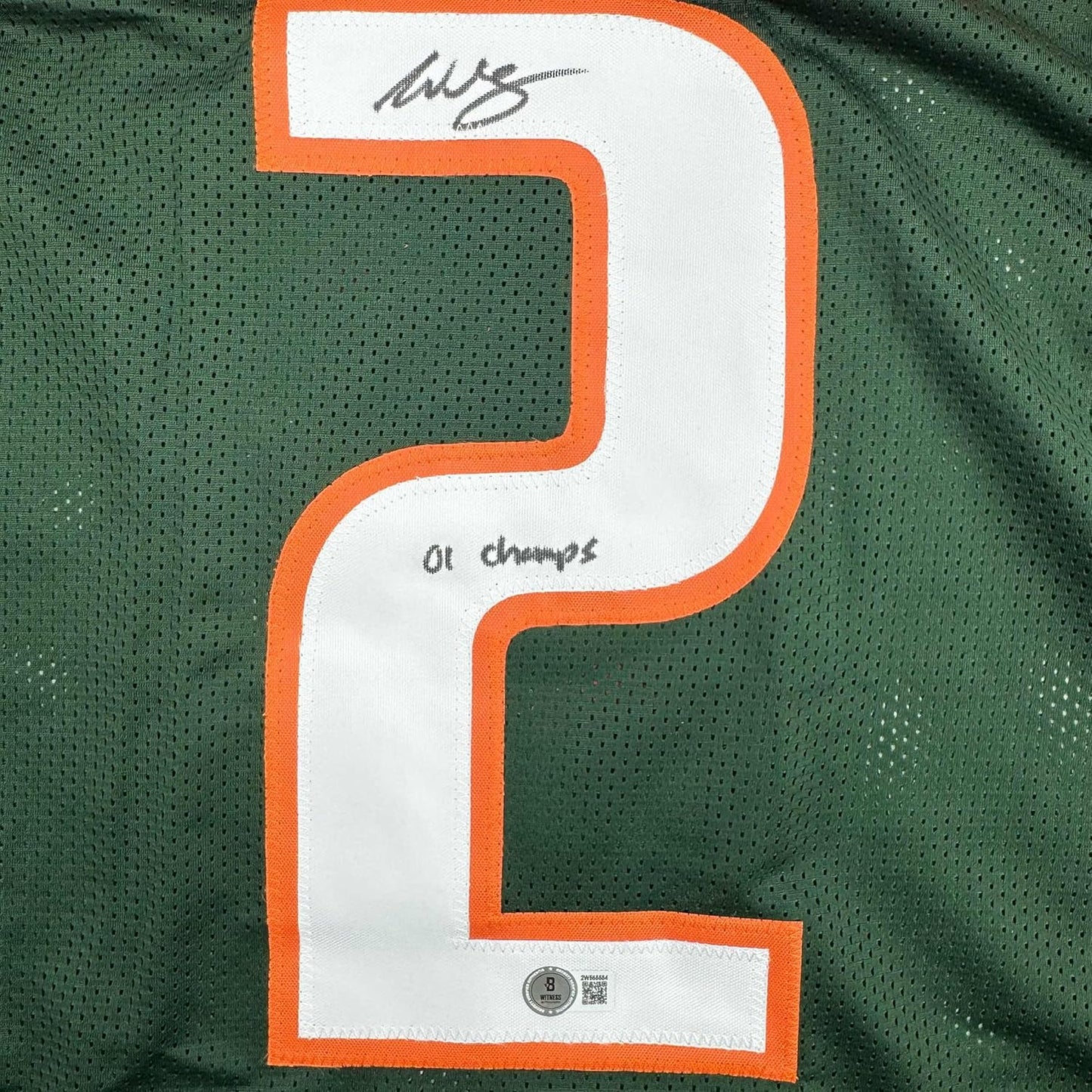 Framed Autographed/Signed Willis McGahee "01 Champs" 35x3 Miami Green College Football Jersey Beckett BAS COA