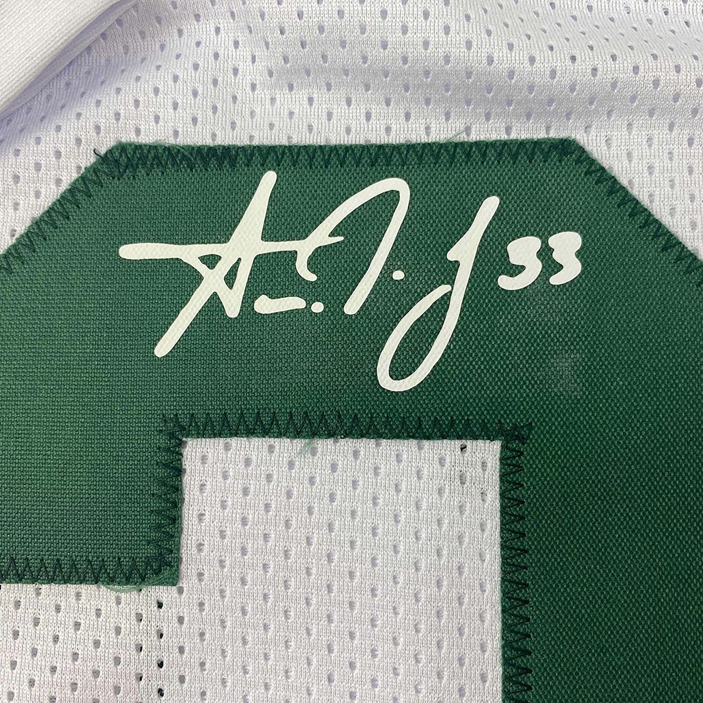 Framed Facsimile Autographed Aaron Jones 35x39 Green Bay White Reprint Laser Auto Football Jersey