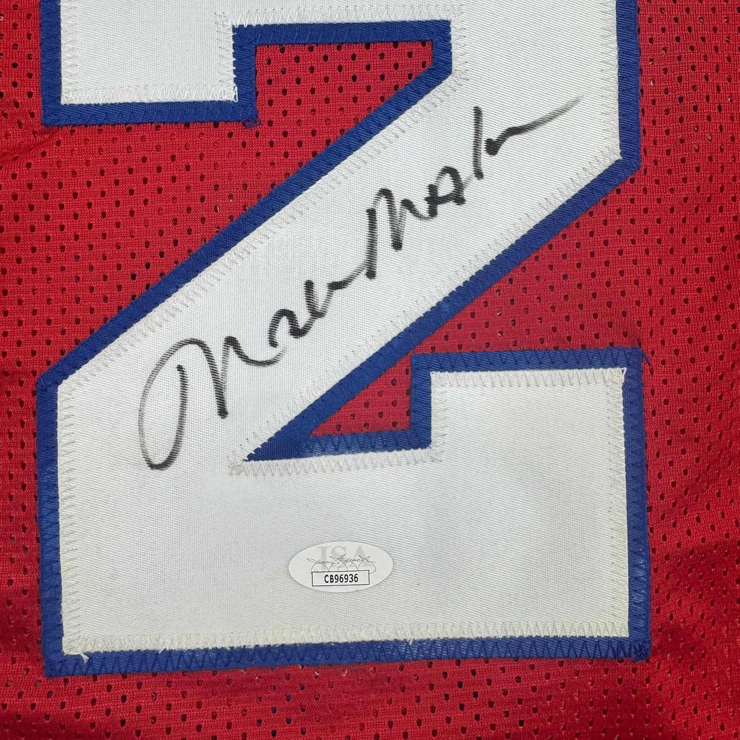 Framed Autographed/Signed Moses Malone 35x39 Philadelphia Red Basketball Jersey JSA COA