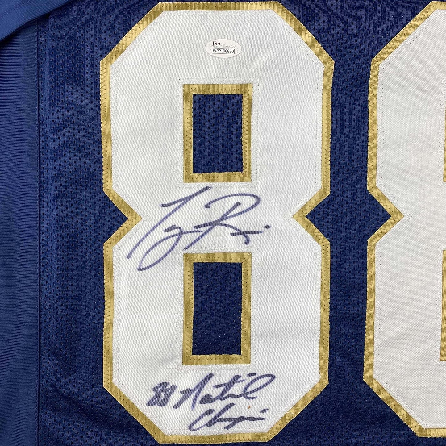 Framed Autographed/Signed Tony Rice 35x39 1988 National Champions Notre Dame Blue College Football Jersey JSA COA