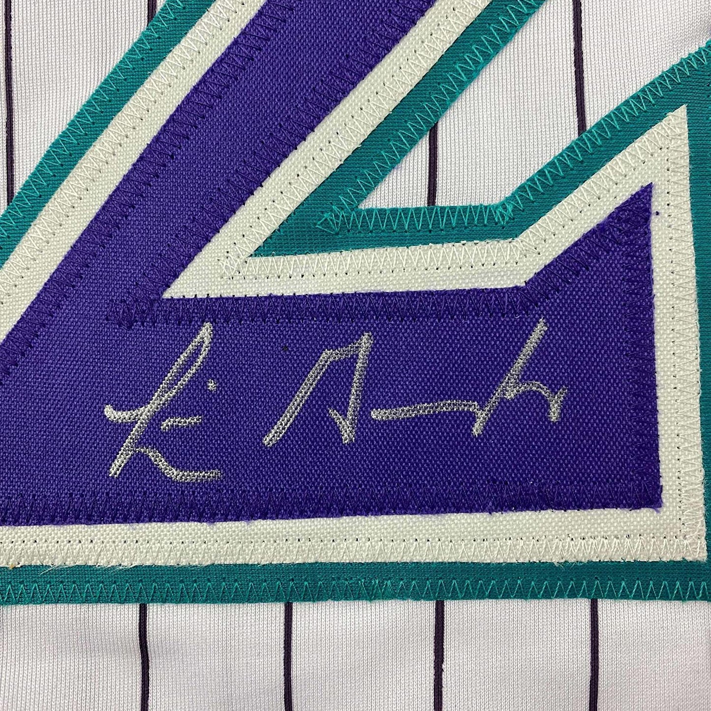 Framed Autographed/Signed Luis Gonzalez 35x39 Arizona Pinstripe Baseball Jersey JSA COA