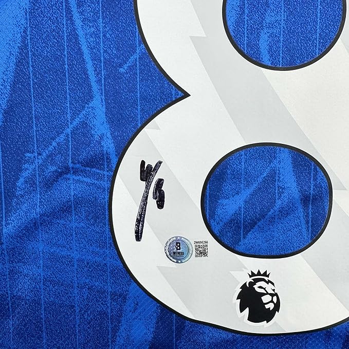 Framed Autographed/Signed Enzo Fernandez 35x39 Chelsea FC Blue Soccer Futbol Jersey Beckett BAS COA