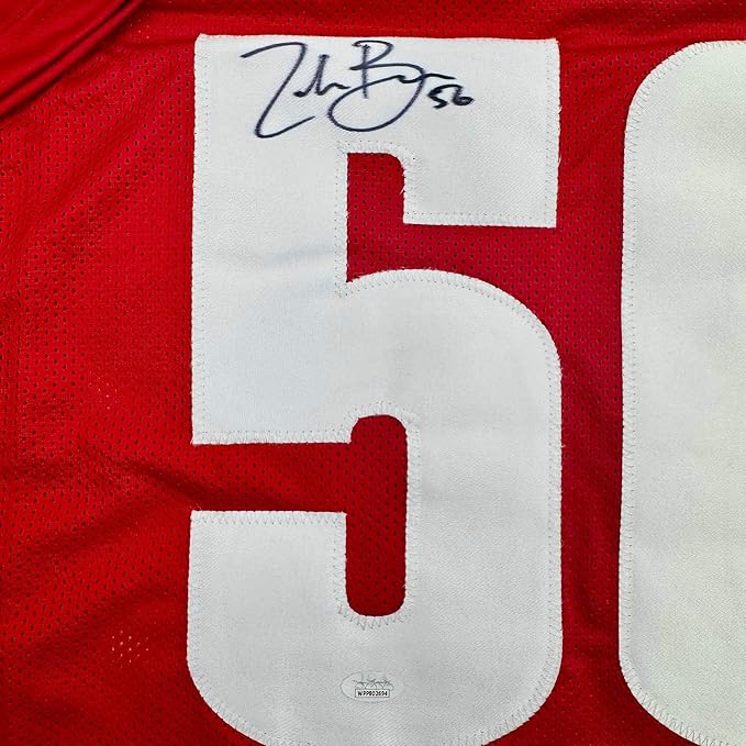 Framed Autographed/Signed Zack Baun 35x39 Wisconsin Red College Football Jersey JSA COA