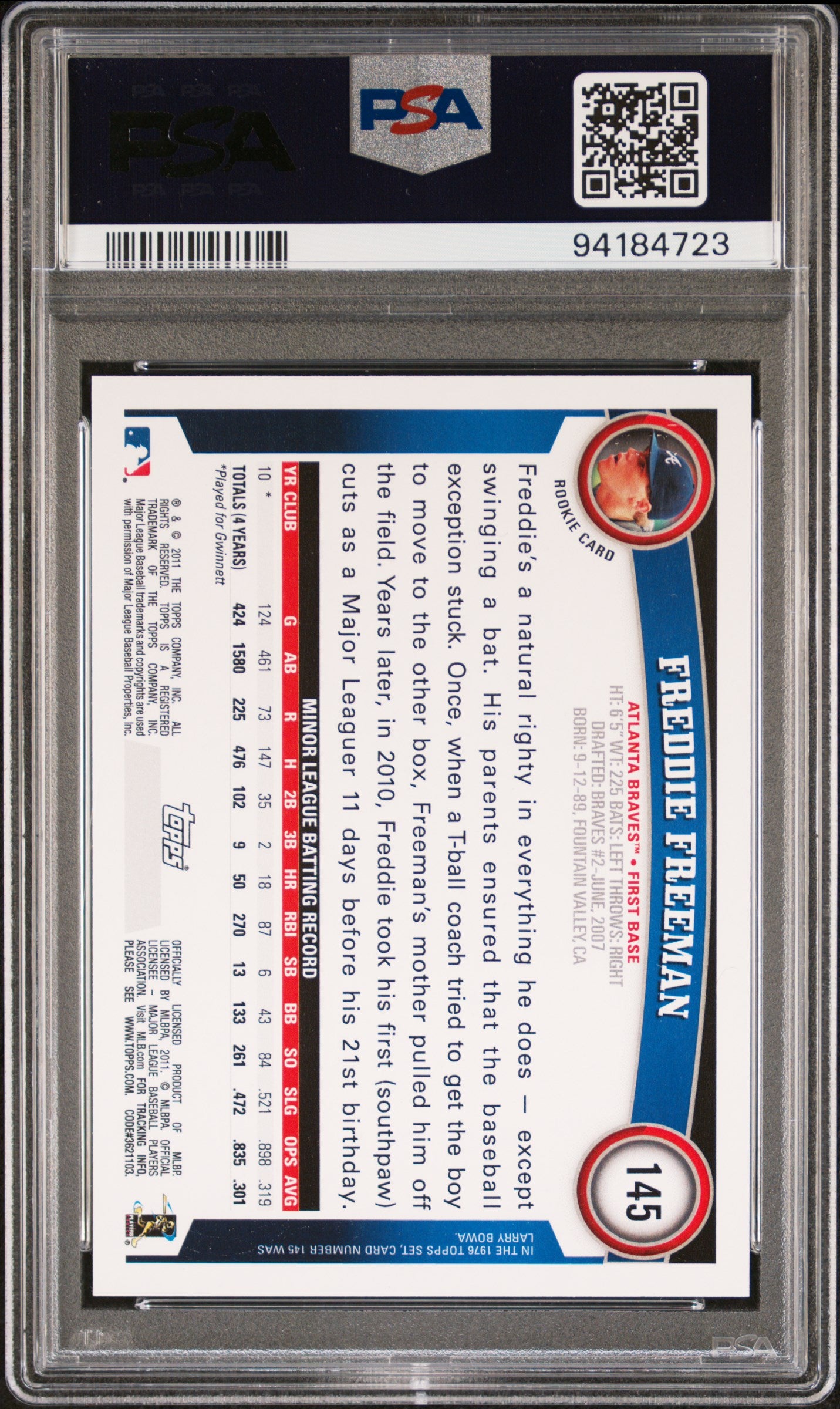Graded 2011 Topps Freddie Freeman #145 Rookie RC Baseball Card PSA 10 Gem Mint