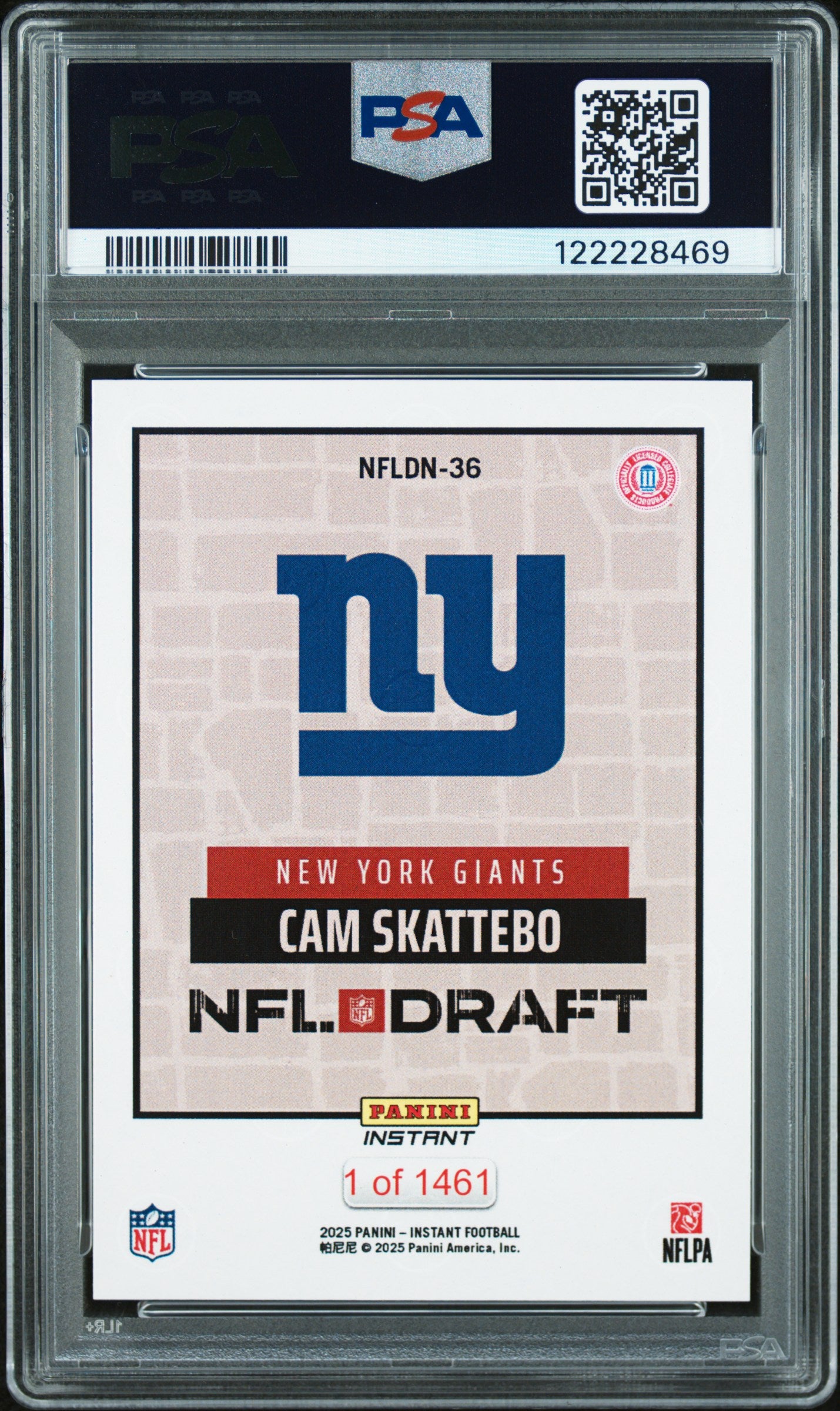Graded 2025 Panini Instant Cam Skattebo #NFLDN36 NFL Draft Night Rookie RC Football Card PSA 9 Mint
