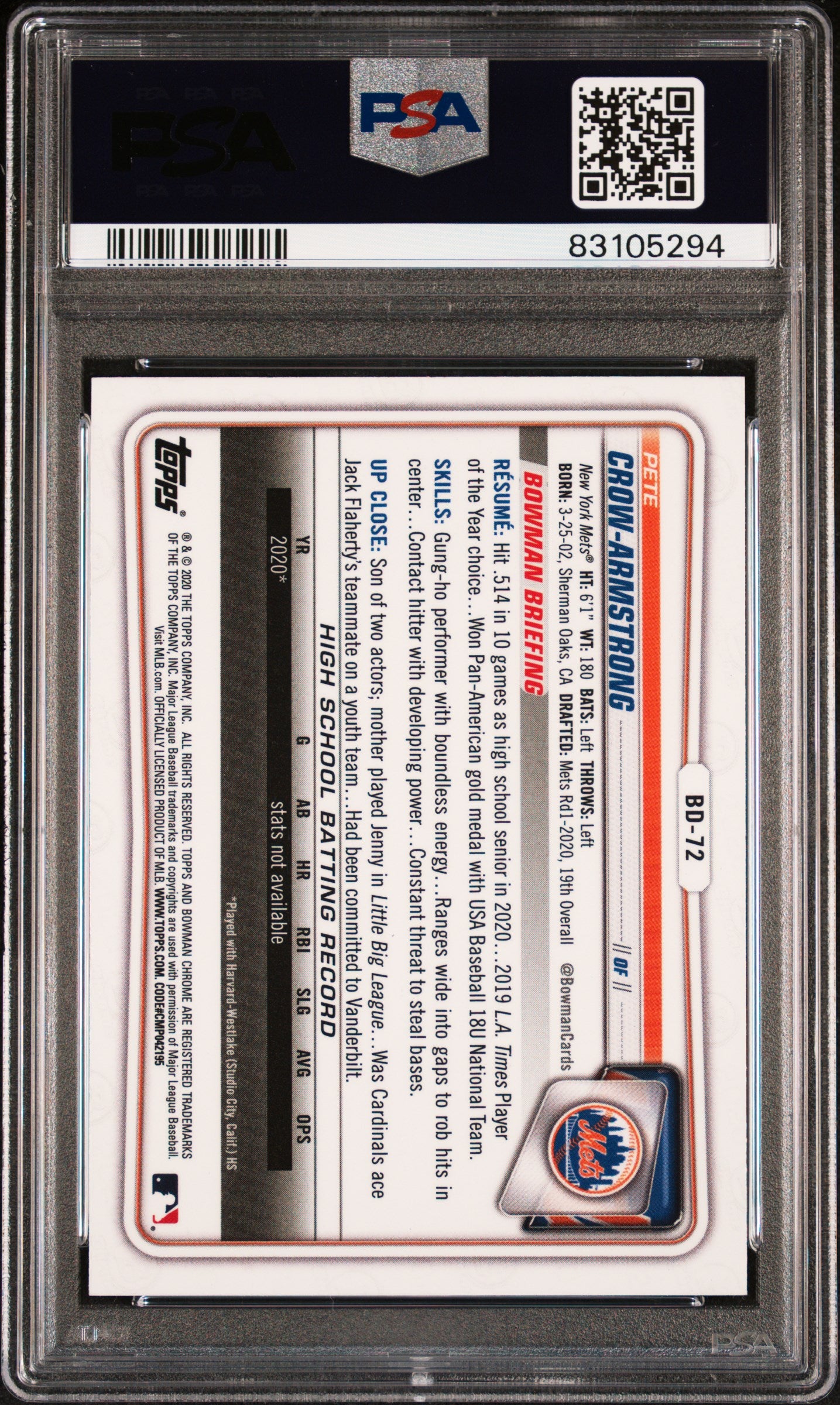 Graded 2020 Topps Bowman Draft Pete Crow Armstrong #BD72 Chrome Rookie RC Baseball Card PSA 10 Gem Mint