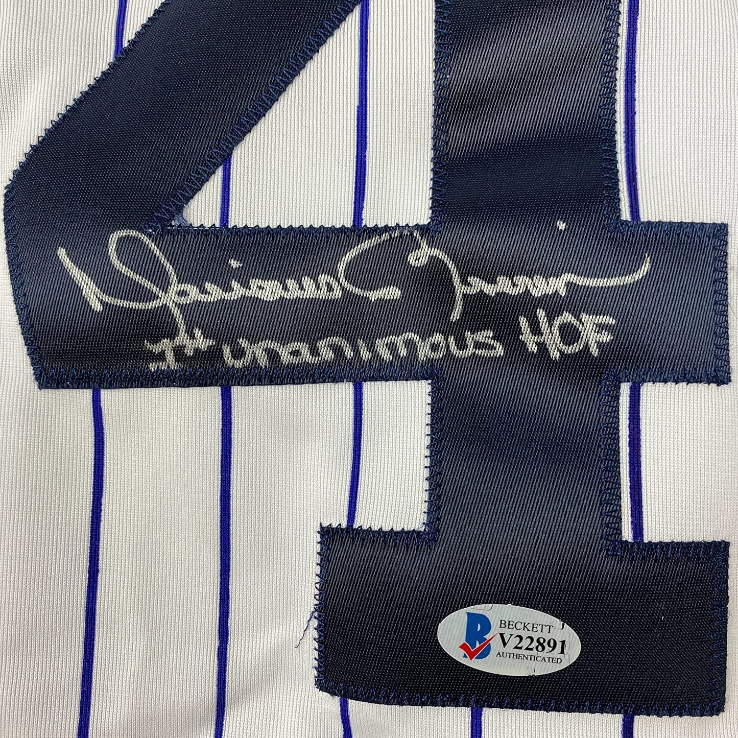 Framed Autographed/Signed Mariano Rivera 35x39 1st Unanimous HOF New York Pinstripe Baseball Jersey Beckett BAS COA