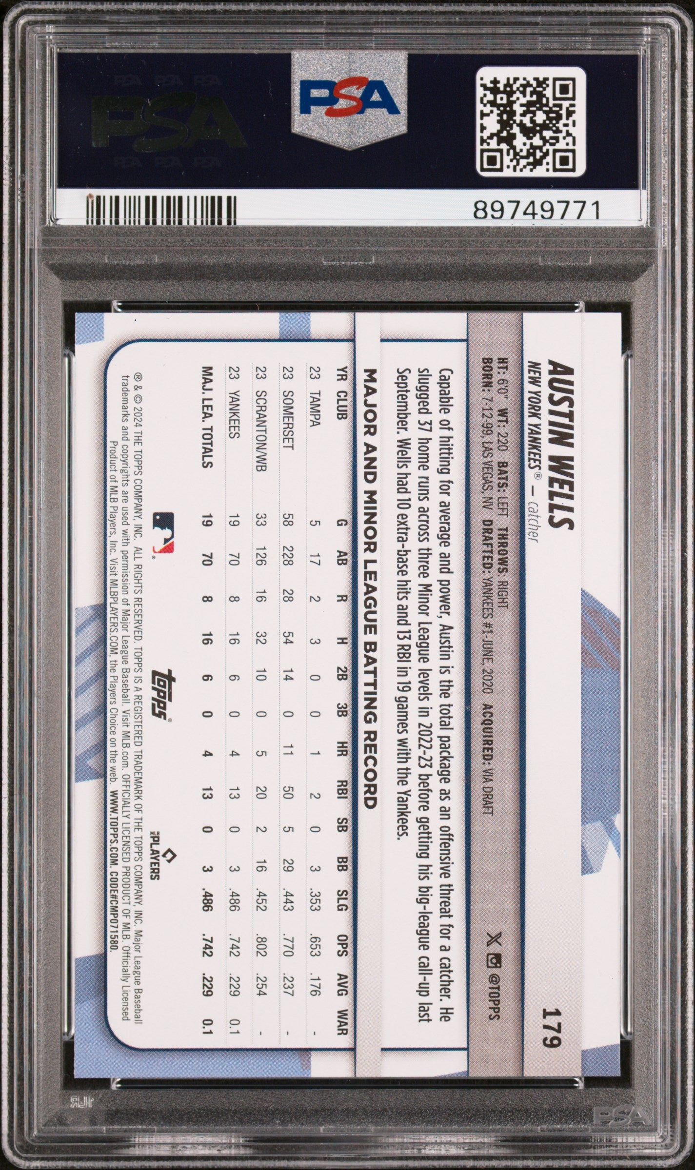 Graded 2024 Topps Big League Austin Wells #179 Rookie RC Baseball Card PSA 10 Gem Mint