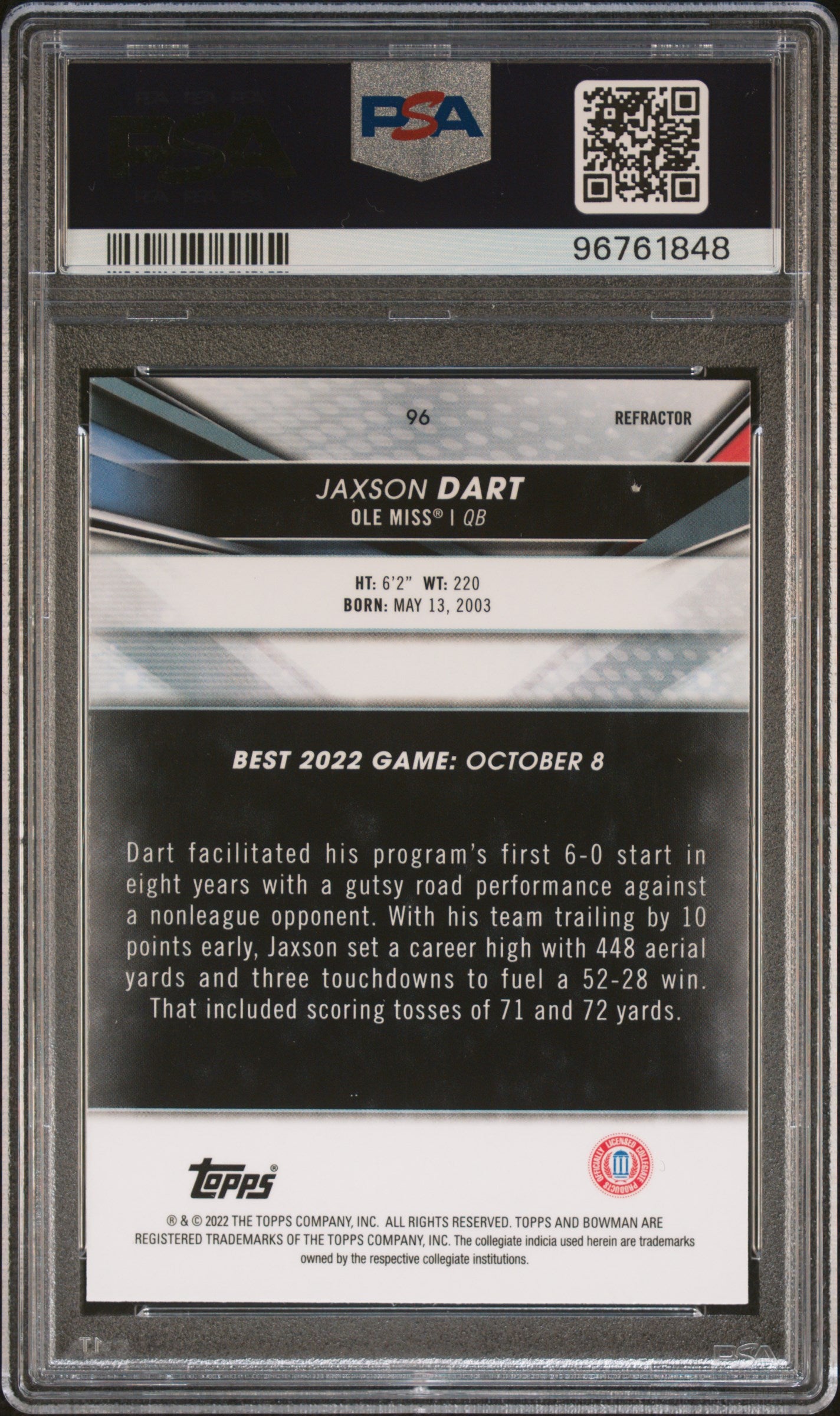 Graded 2022 Topps Bowman Best University Jaxson Dart #96 Refractor Rookie RC Football Card PSA 10 Gem Mint