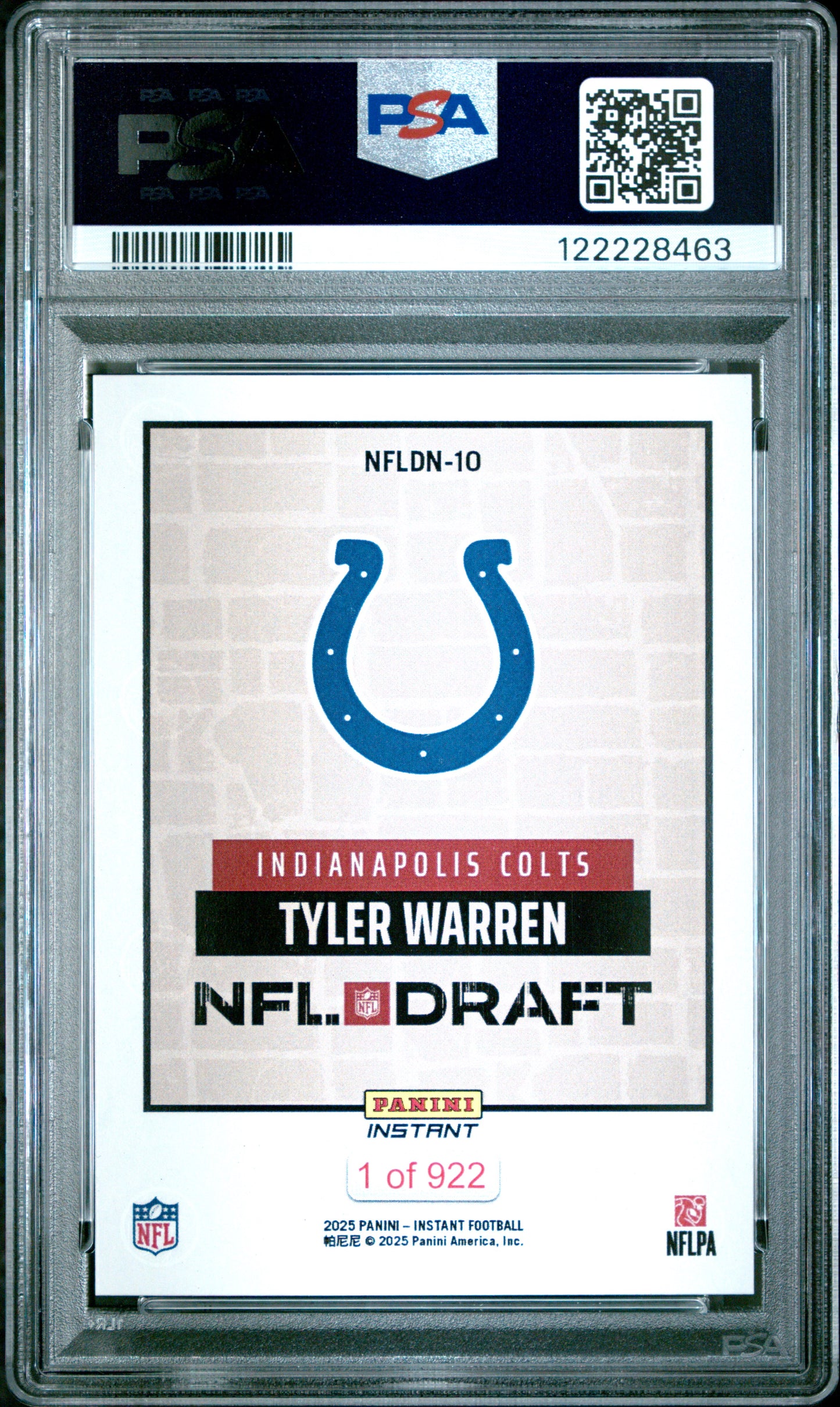 Graded 2025 Panini Instant Tyler Warren #NFLDN10 NFL Draft Night Rookie RC Football Card PSA 9 Mint