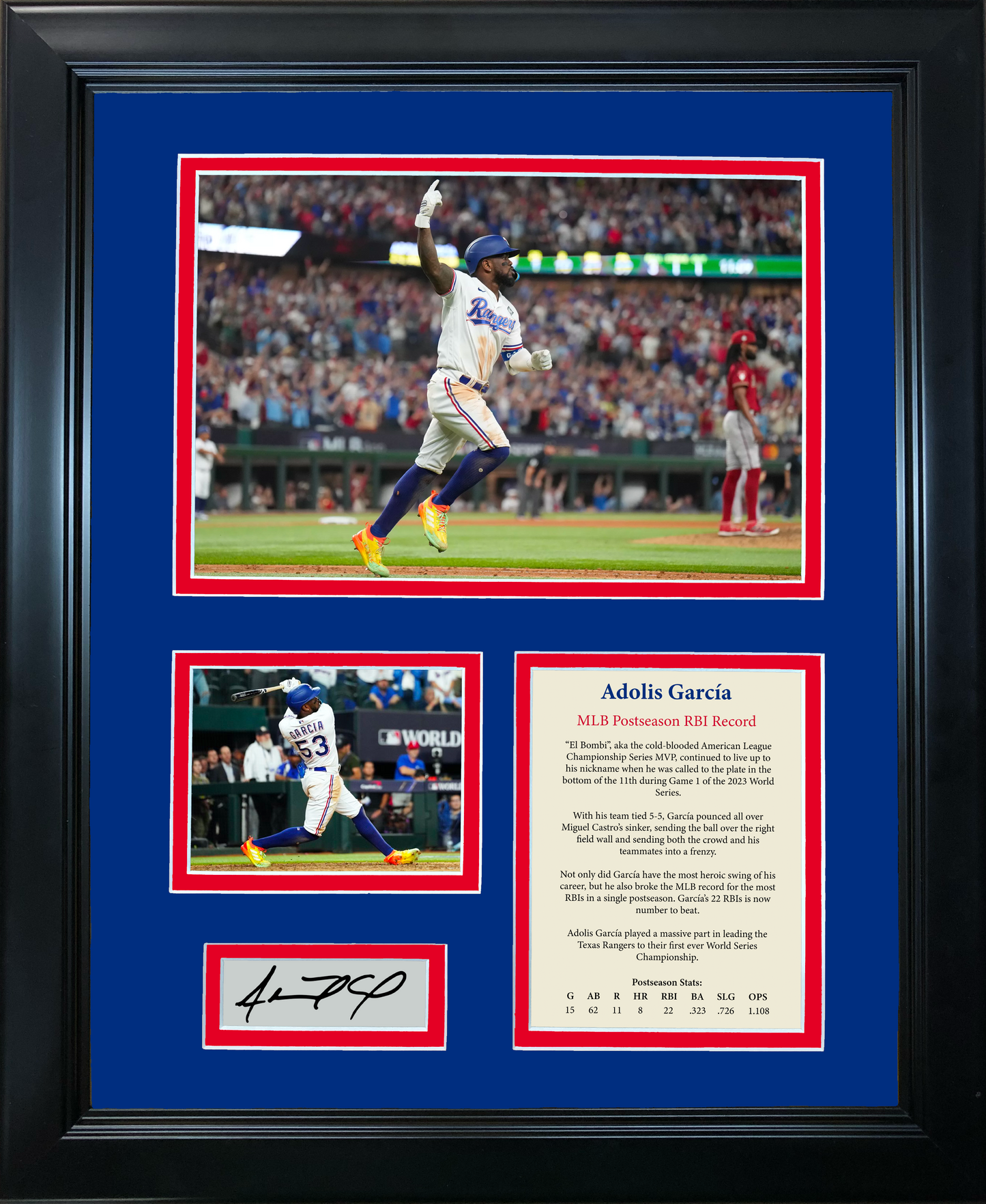 Framed Adolis Garcia MLB Postseason RBI Record Facsimile Laser Engraved Signature Auto Texas Rangers 11"x14"Baseball Photo Sig Collage