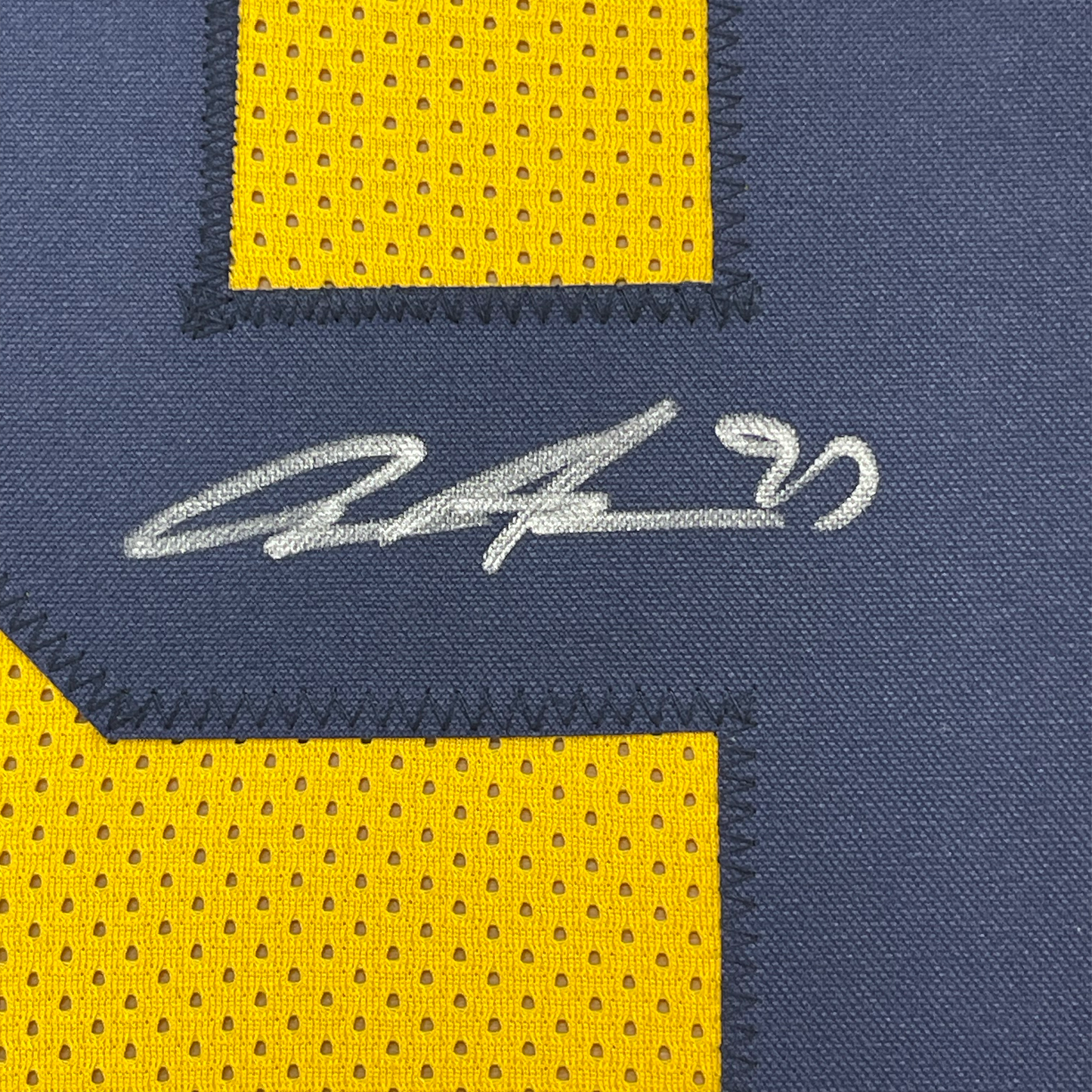 Framed Autographed/Signed Aidan Hutchinson 35x39 Michigan Yellow College Football Jersey Beckett BAS COA