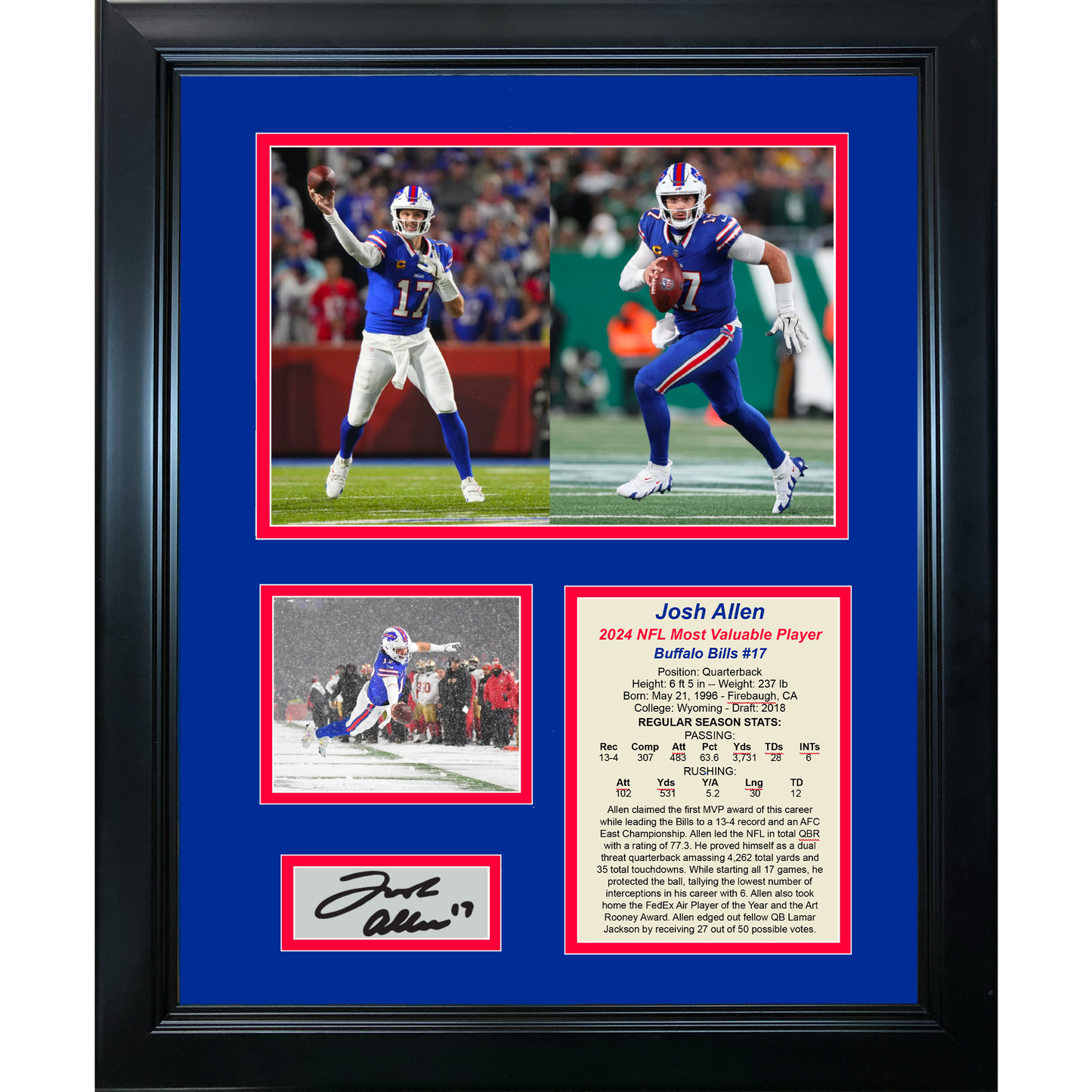 Framed Josh Allen 2024 NFL MVP Most Valuable Player Facsimile Laser Engraved Signature Auto Buffalo Bills 11"x14" Football Photo Sig Collage