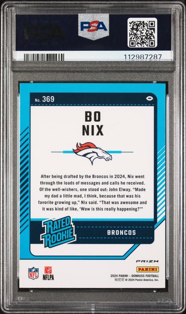 Graded 2024 Panini Donruss Bo Nix #369 Optic Preview Blue Scope Rookie RC Football Card PSA 10 Gem Mint