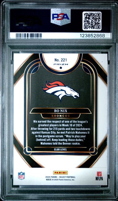 Graded 2024 Panini Select Bo Nix #221 Red & Blue Shock Rookie RC Football Card PSA 10 Gem Mint