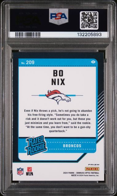 Graded 2024 Panini Donruss Optic Bo Nix #209 Blue Scope Rookie RC Football Card PSA 10 Gem Mint