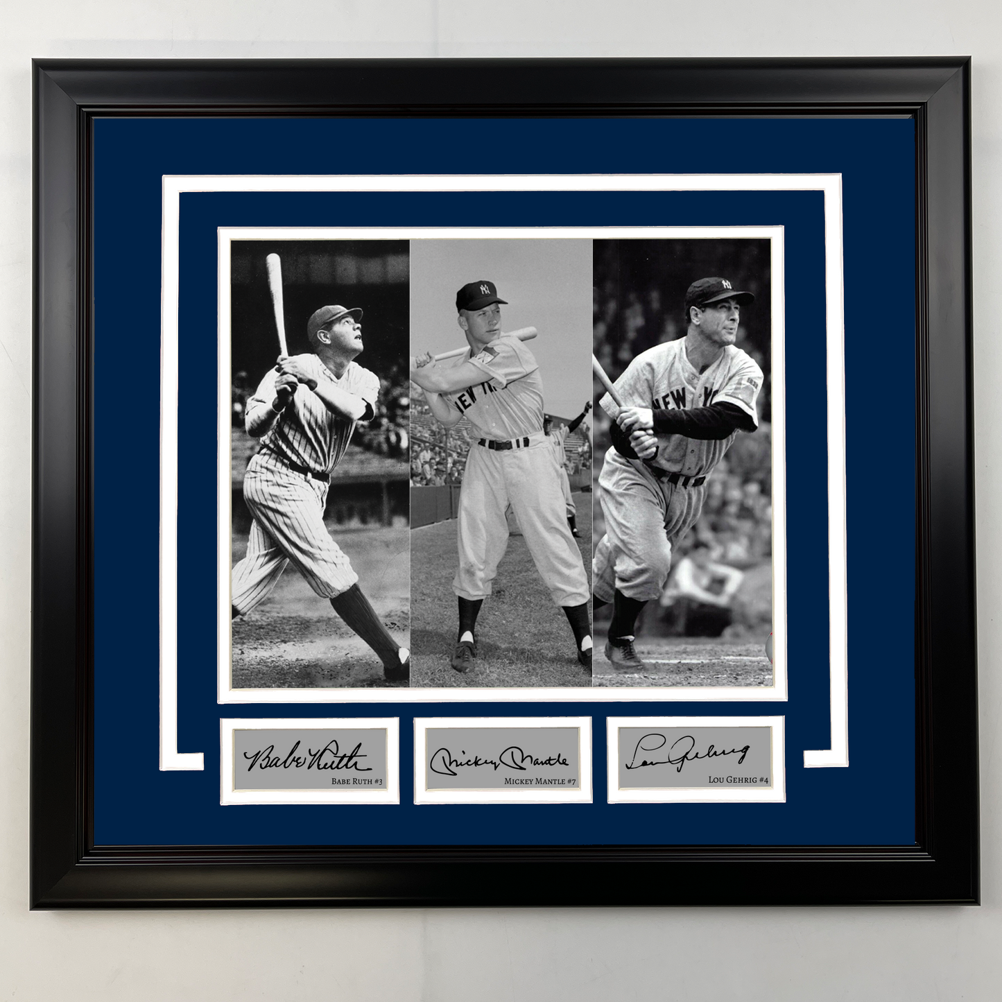 Framed Babe Ruth, Mickey Mantle & Lou Gehrig Facsimile Laser Engraved Signatures New York Yankees 19x21 Baseball Photo