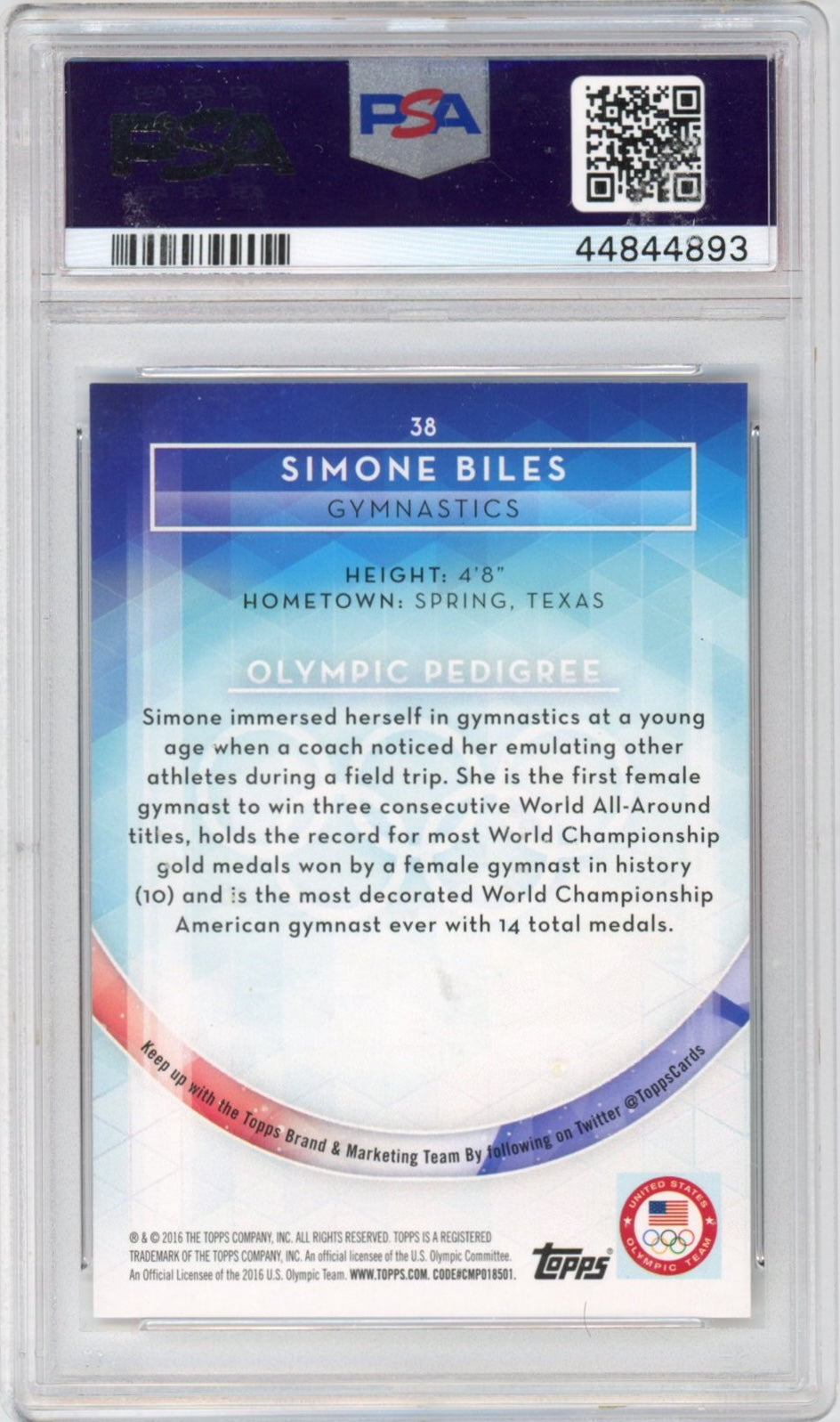 Graded 2016 Topps US Olympic Simone Biles #38 Rookie RC Gymnastics Card PSA 10 Gem Mint