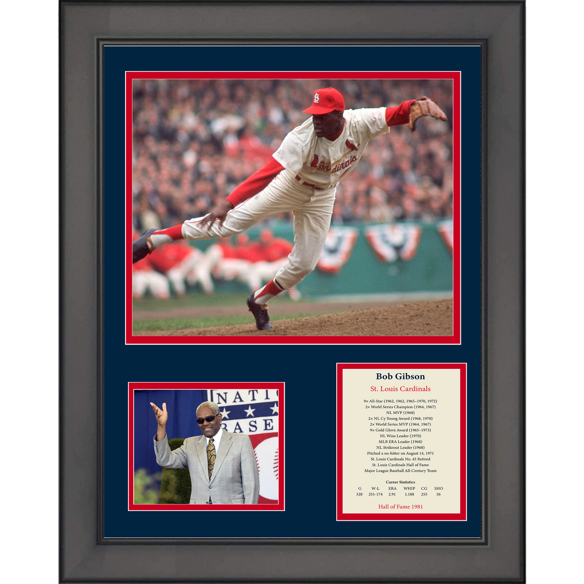 Framed Bob Gibson Hall of Fame Baseball 11"x14" Three Photo Collage