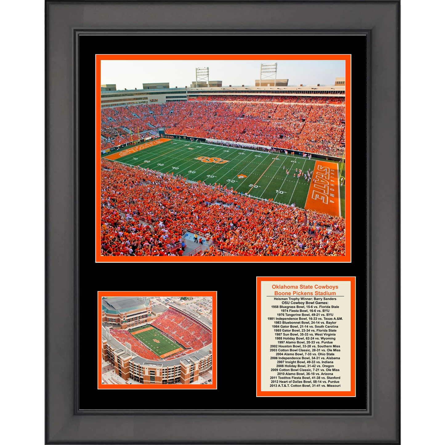 Framed Oklahoma State Cowboys Boone Pickens Stadium & Team History 11"x14" College Football Three Photo Collage