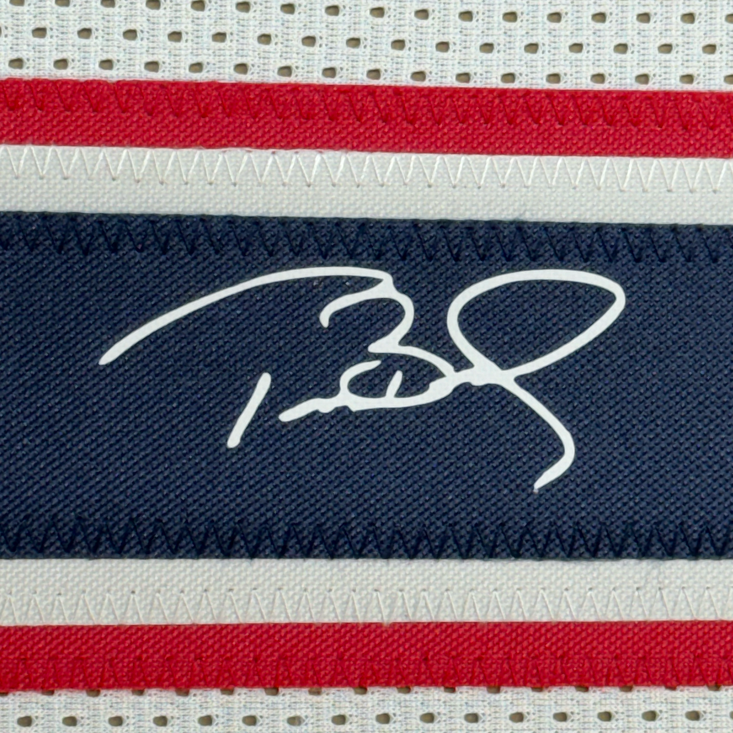 Framed Facsimile Autographed Tom Brady 35x39 New England White Reprint Laser Auto Football Jersey Size Men's XL