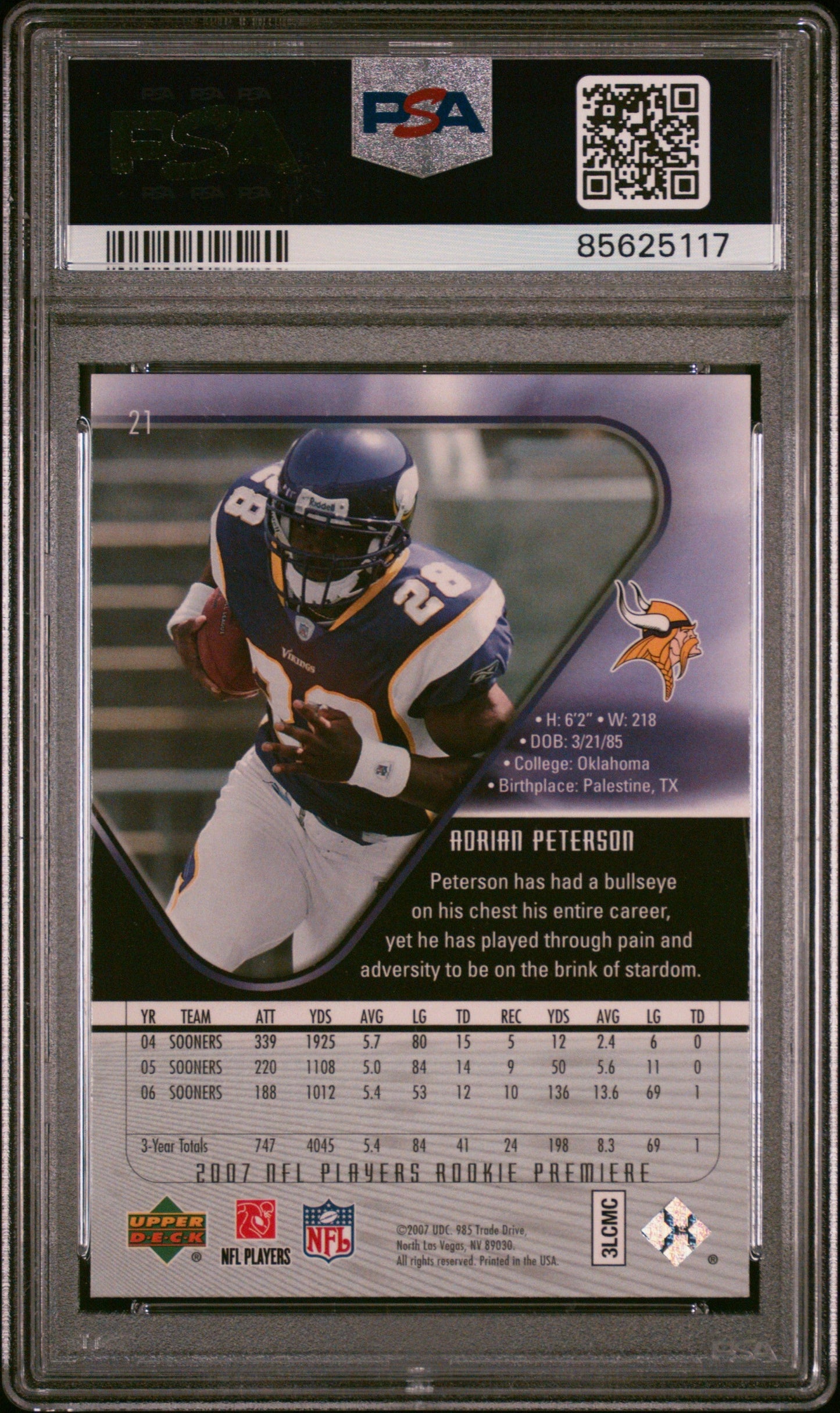 Graded 2007 Upper Deck Rookie Premiere Adrian Peterson #21 Rookie RC Football Card PSA 10 Gem Mint