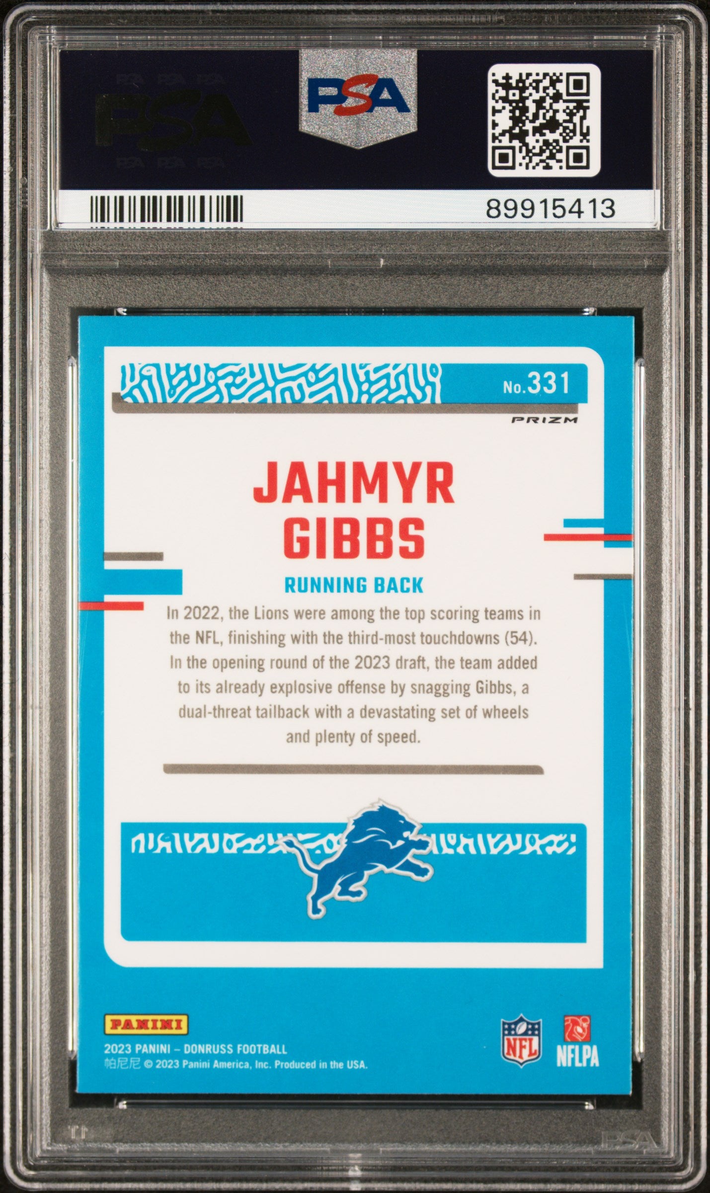 Graded 2023 Panini Donruss Jahmyr Gibbs #331 Optic Preview Green Velocity Rookie RC Football Card PSA 10 Gem Mint