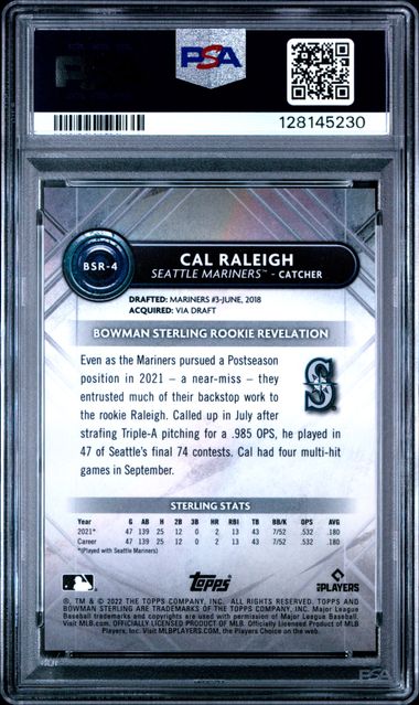Graded 2022 Bowman Sterling Cal Raleigh #BSR4 /150 Mini Diamond Refractor Rookie RC Baseball Card PSA 10 Gem Mint
