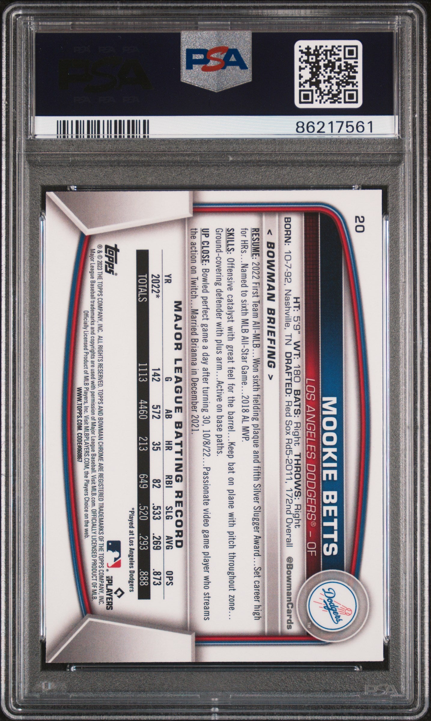 Graded 2023 Topps Bowman Mega Box Mookie Betts #20 Chrome Baseball Card PSA 10 Gem Mint