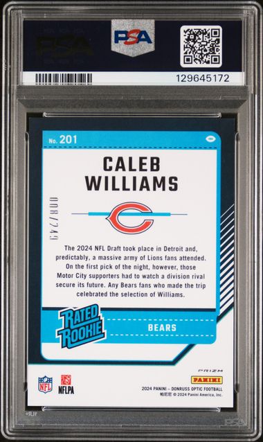 Graded 2024 Panini Donruss Optic Caleb Williams #201 /249 Orange Rookie RC Football Card PSA 10 Gem Mint