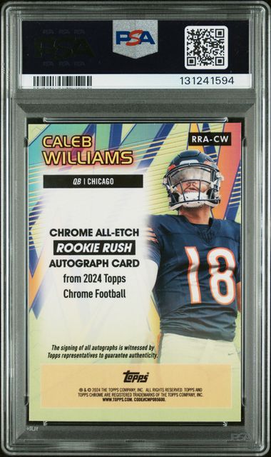 Graded 2024 Topps Chrome Caleb Williams #RRACW 75/75 All Etch Rookie Rush Yellow Refractor Rookie RC Football Card PSA 10 Auto Gem Mint